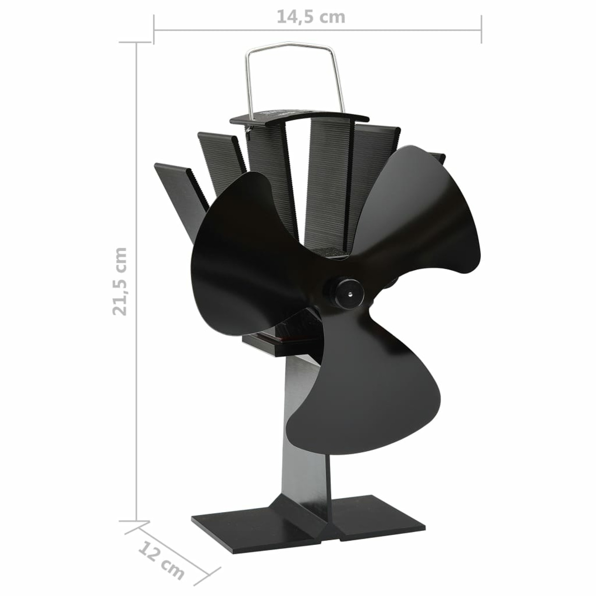 Schwarzer Ofenventilator mit gebogenen Flügeln und Ständer. Abmessungen und Maße sind angegeben.
