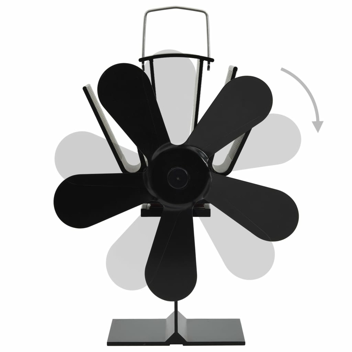 Ventilatore nero con pale multiple, montato su un supporto.