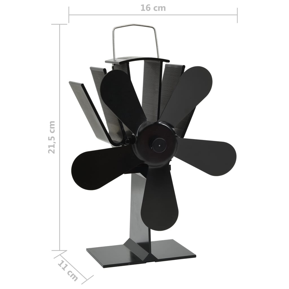 Ventilatore nero con dimensioni in cm, su sfondo bianco.