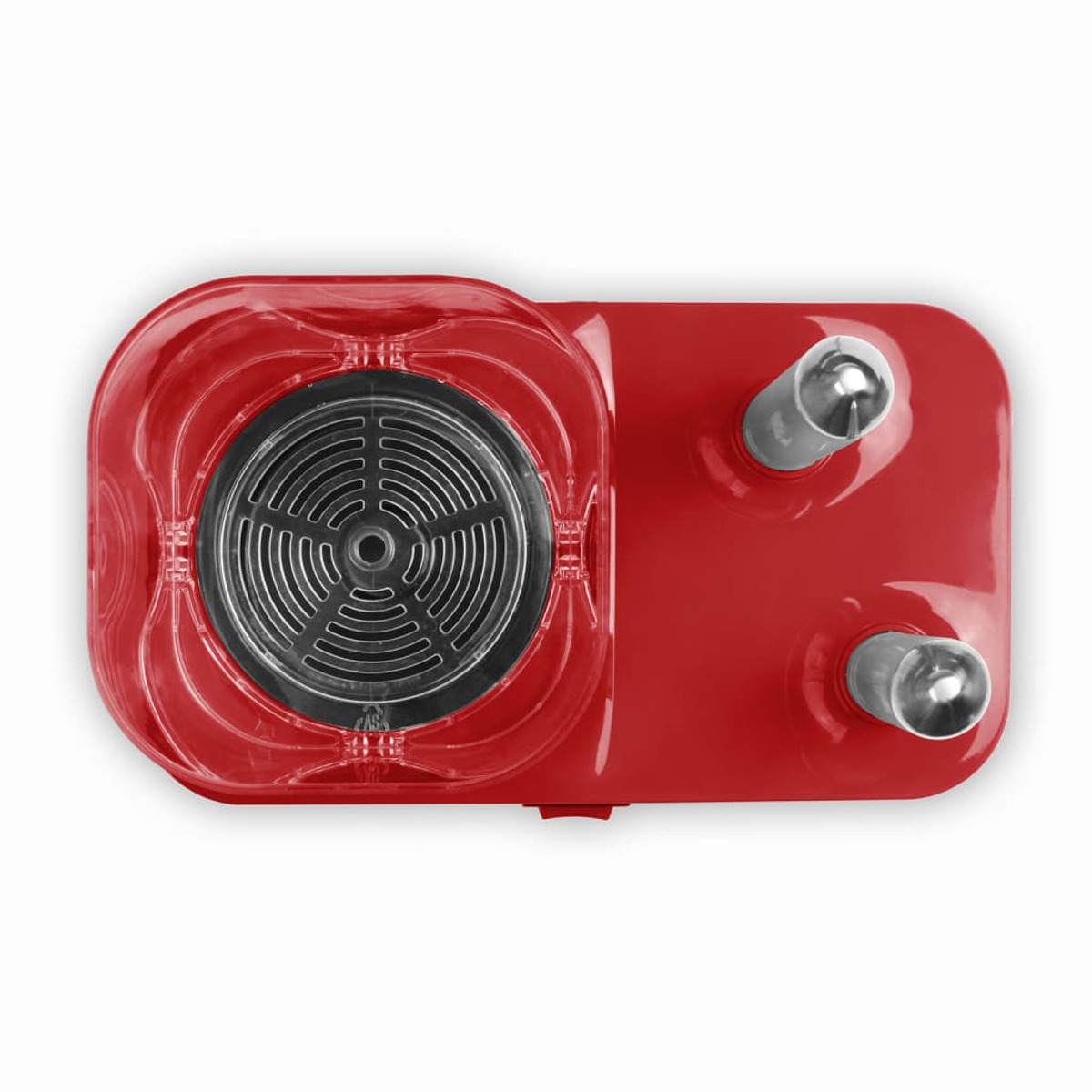 Rotes Küchengerät, Draufsicht, mit transparentem Deckel und zwei silbernen Metallgriffen.