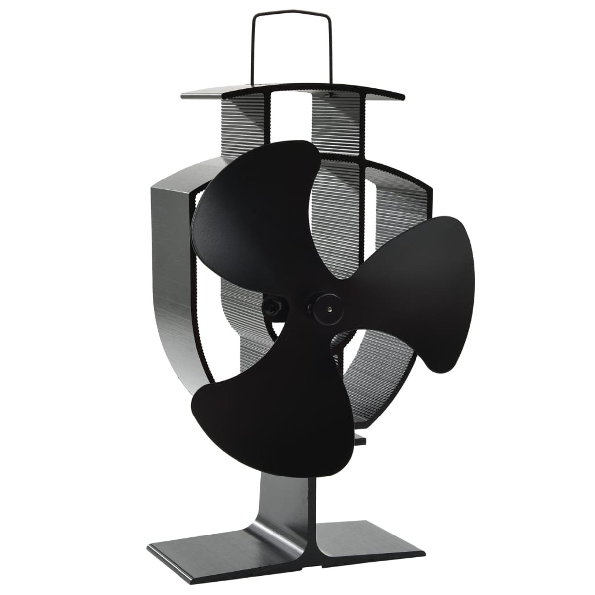 Schwarzer Ventilator mit drei Flügeln auf silbernem Rahmen, Sockel und Griff, vor weißem Hintergrund.