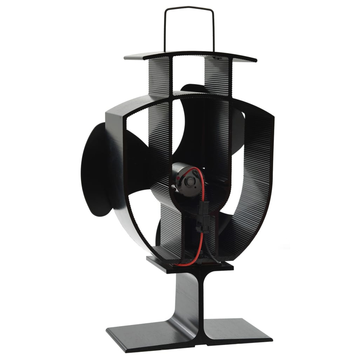 Ein schwarzer Ofenventilator mit Griff, Lüfterflügeln und rotem Draht.