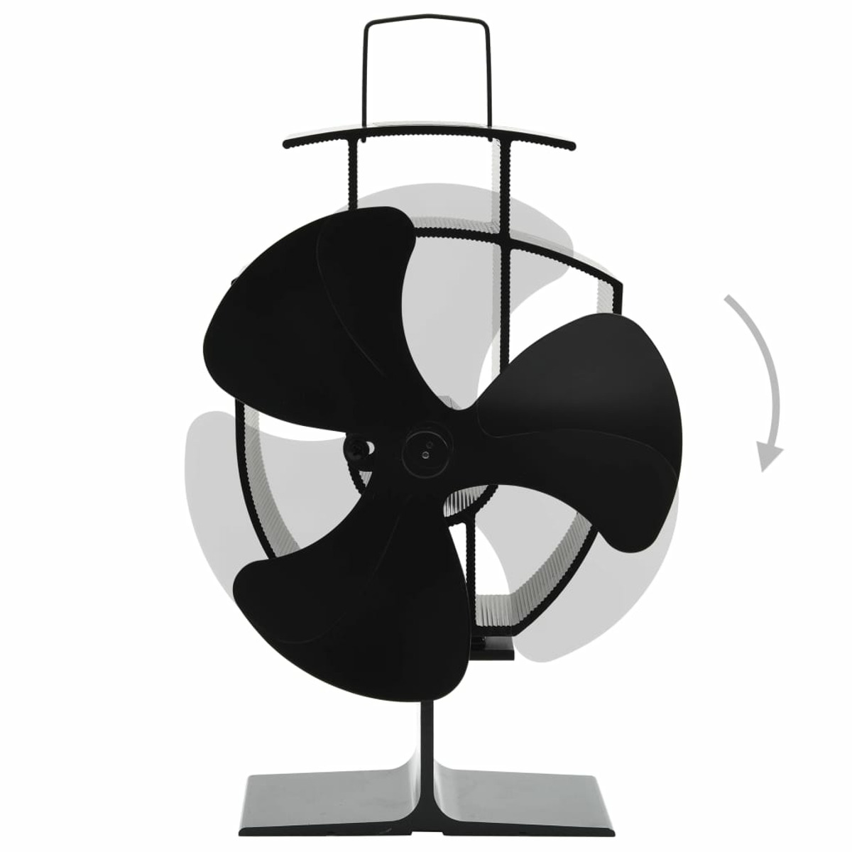 Schwarzer Ofenventilator mit gebogenen Flügeln, drehend. Die Bewegung der Flügel wird durch Pfeil angezeigt.