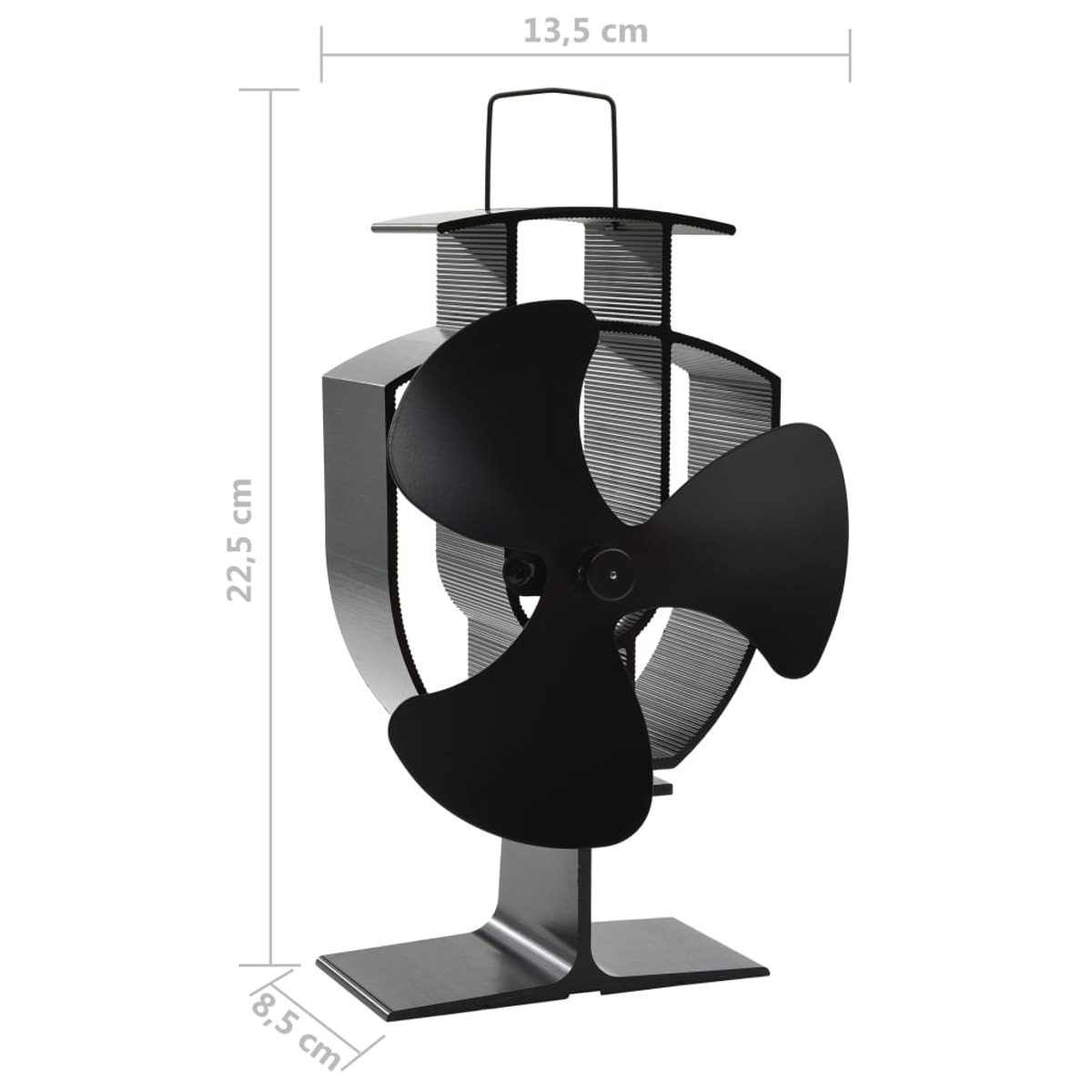Schwarzer Metallventilator mit den Maßen: 22,5 cm Höhe, 13,5 cm Breite und 8,5 cm Basis.