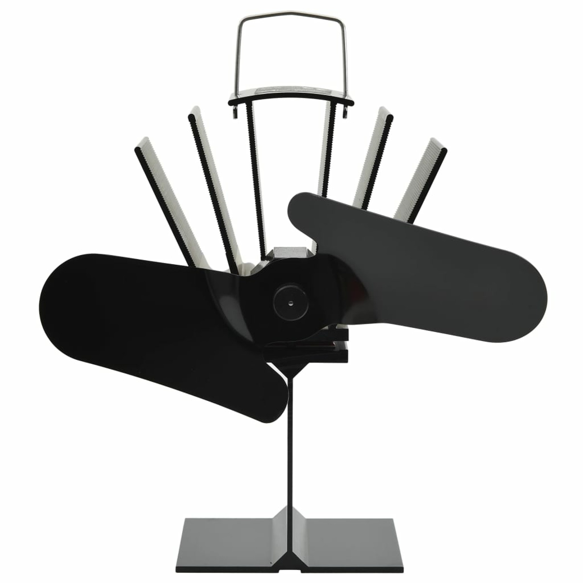 Un ventilatore nero con più pale su sfondo bianco.