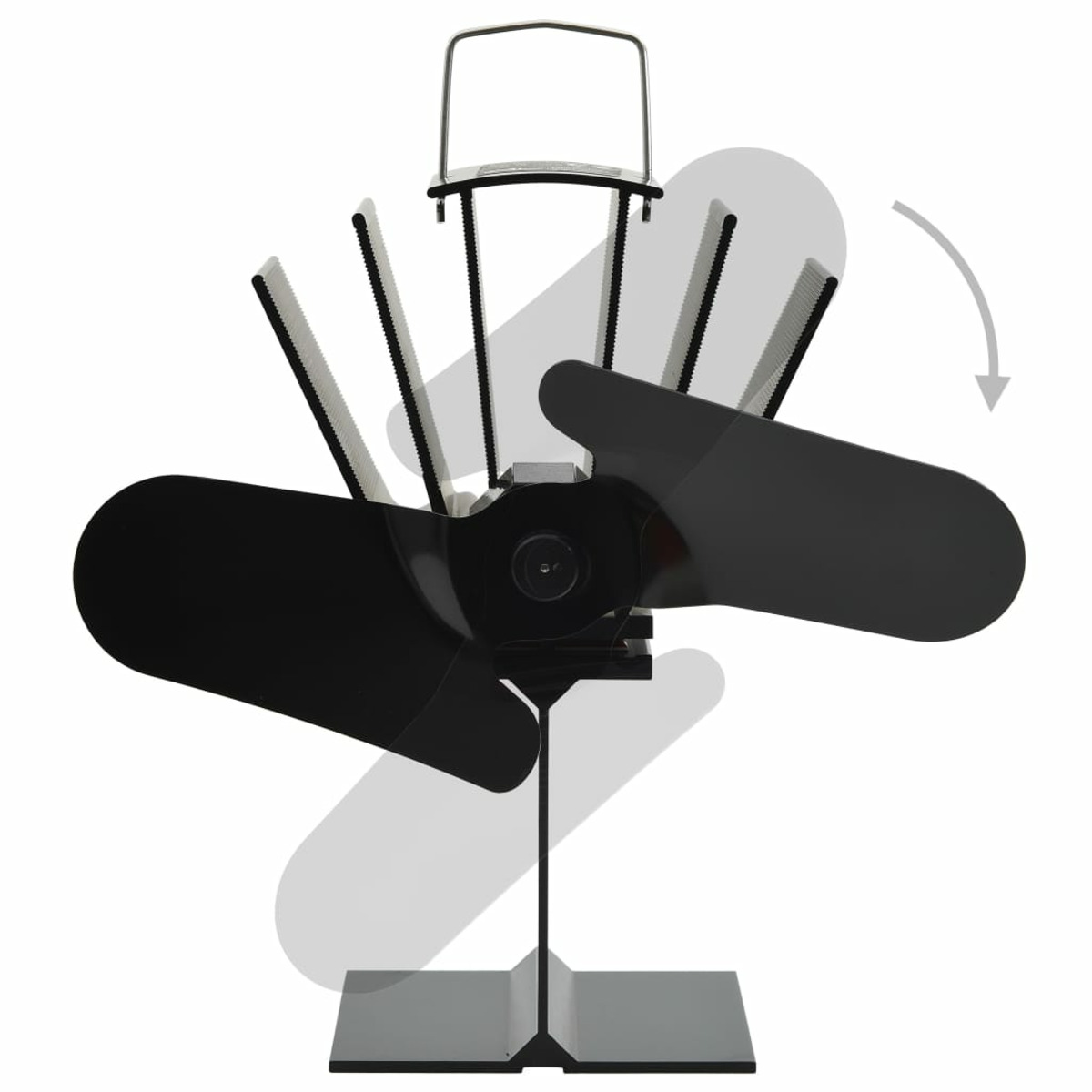 Una ventola nera alimentata a calore con due pale, un supporto e una maniglia.