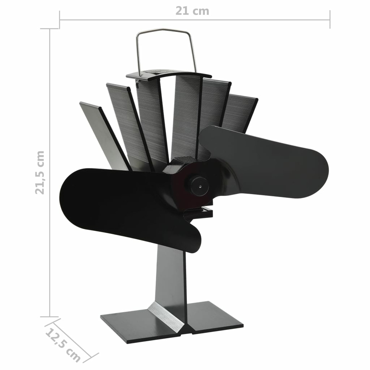Ventilatore nero con dimensioni. Sfondo bianco.