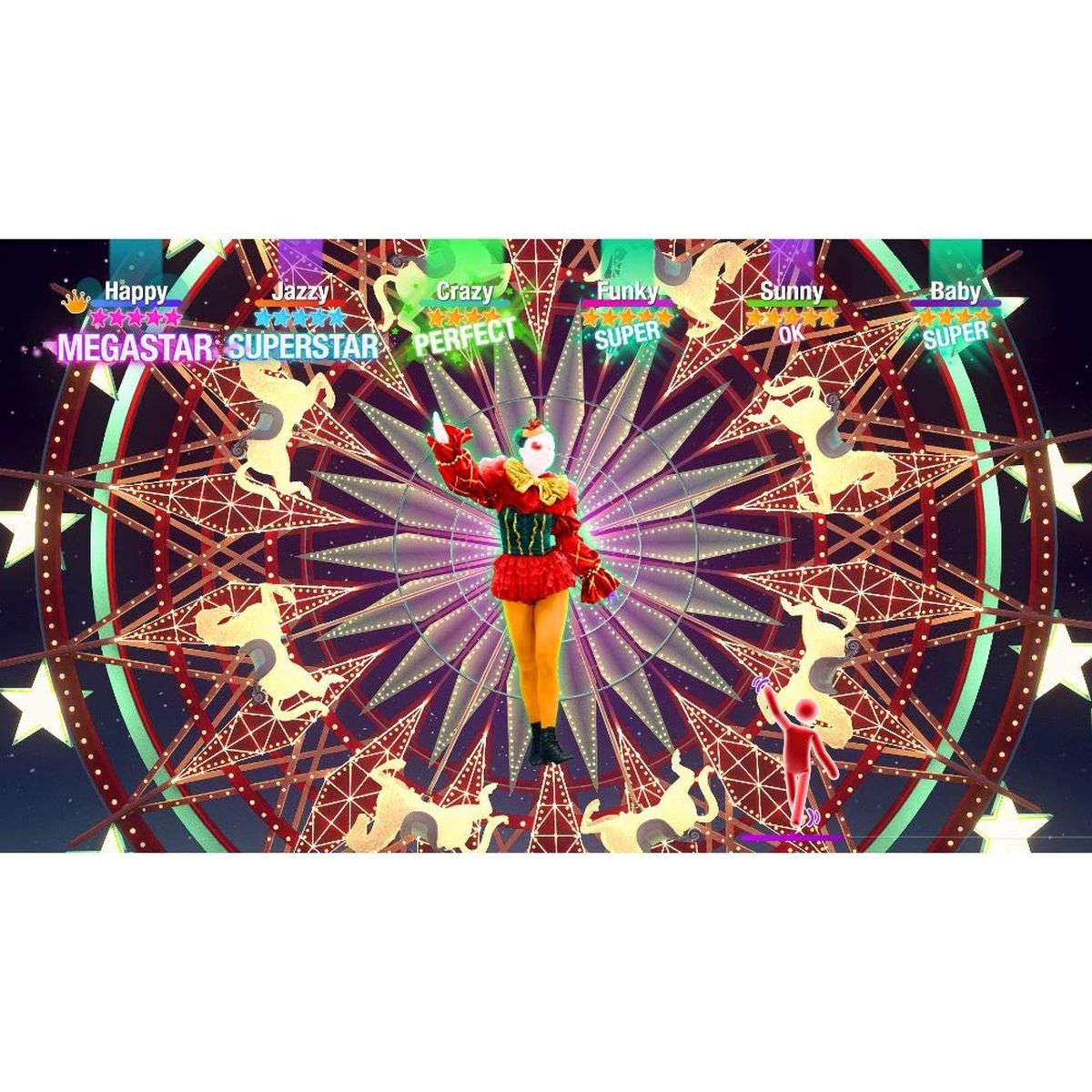 Just Dance-Szene mit einem Clown und tanzenden Figuren.