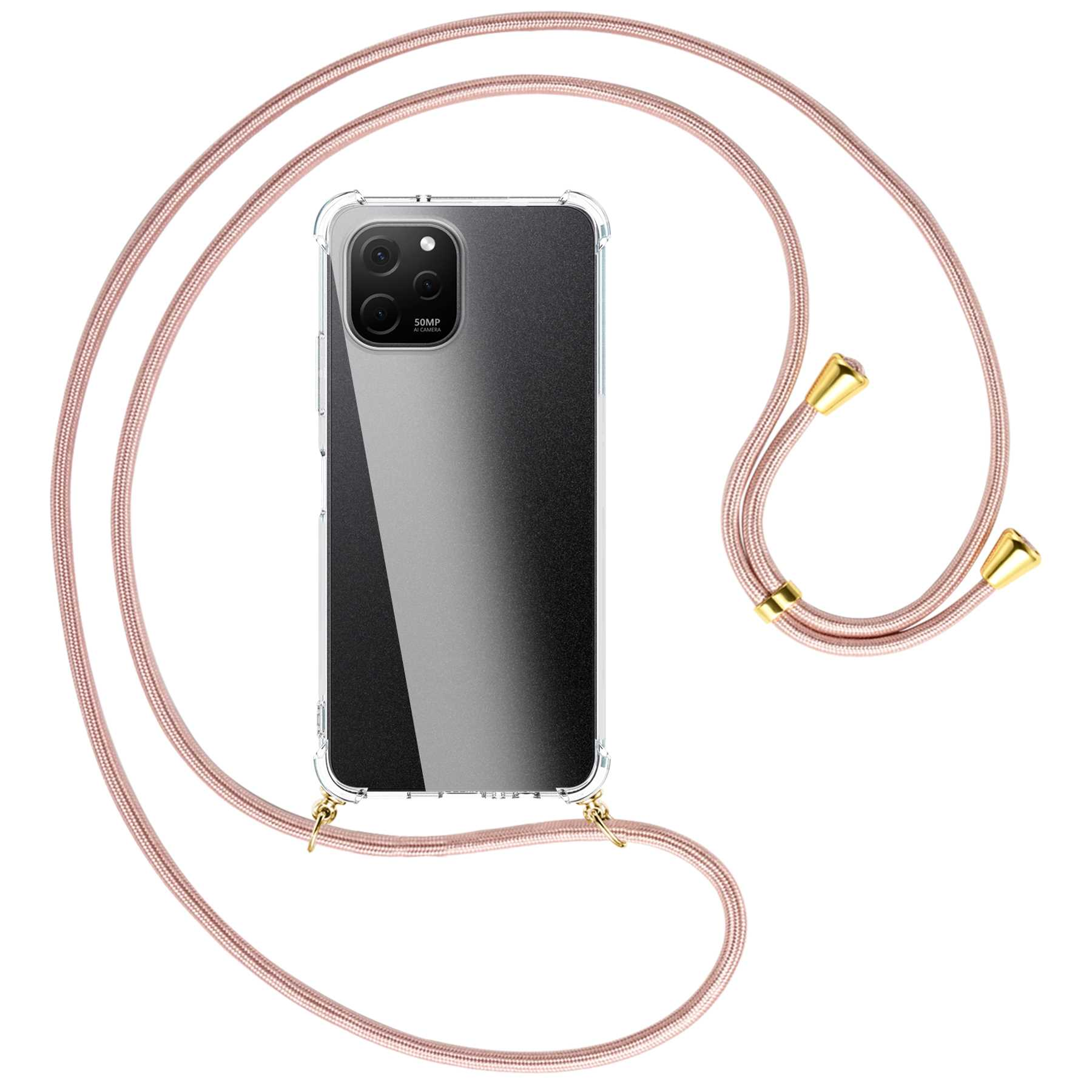 Transparente Handyhülle mit pinkfarbenem Band, zeigt ein Handy mit Kameralinsen.