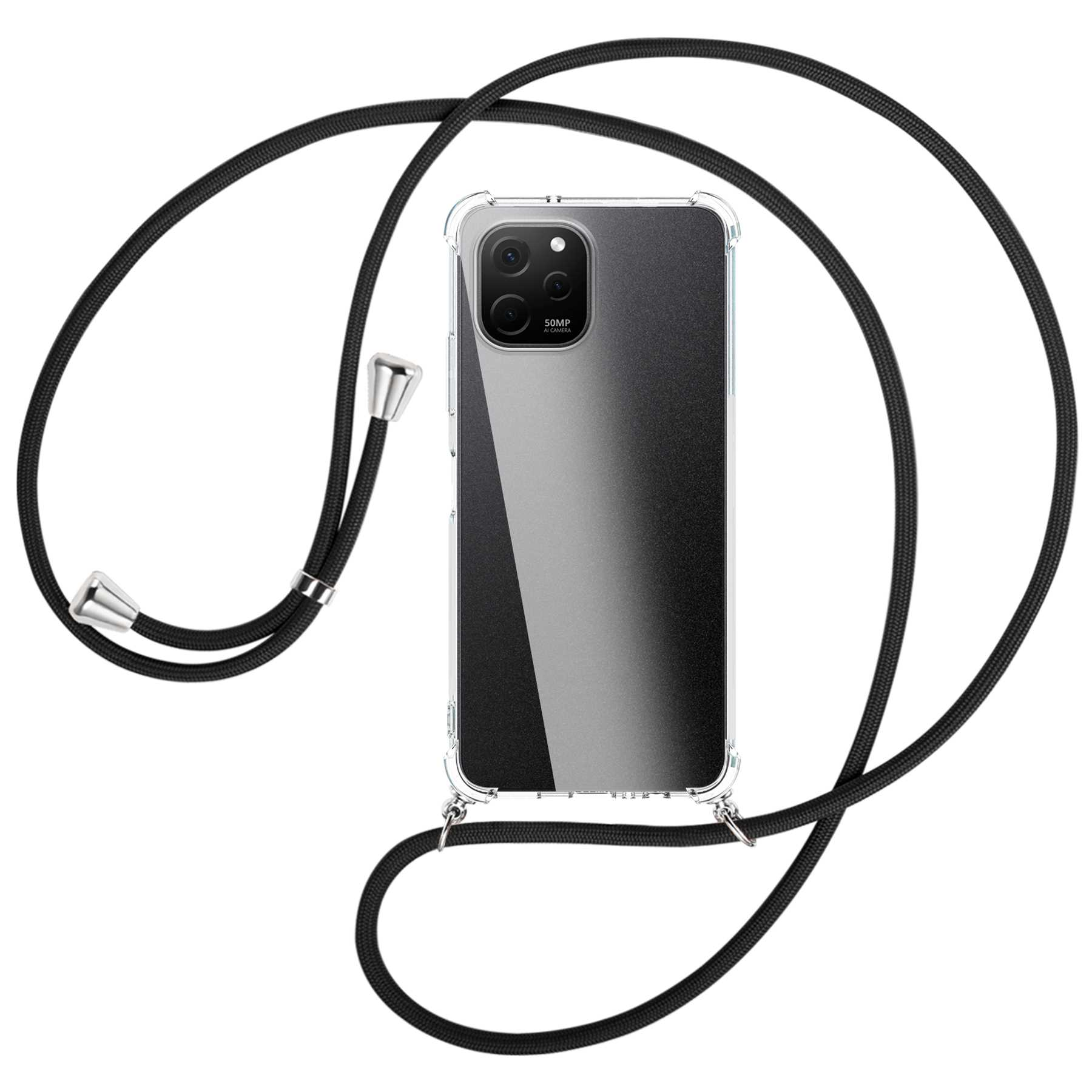 Schwarze Handyhülle mit schwarzem Umhängeband. Die Handyhülle hat eine transparente Rückseite.