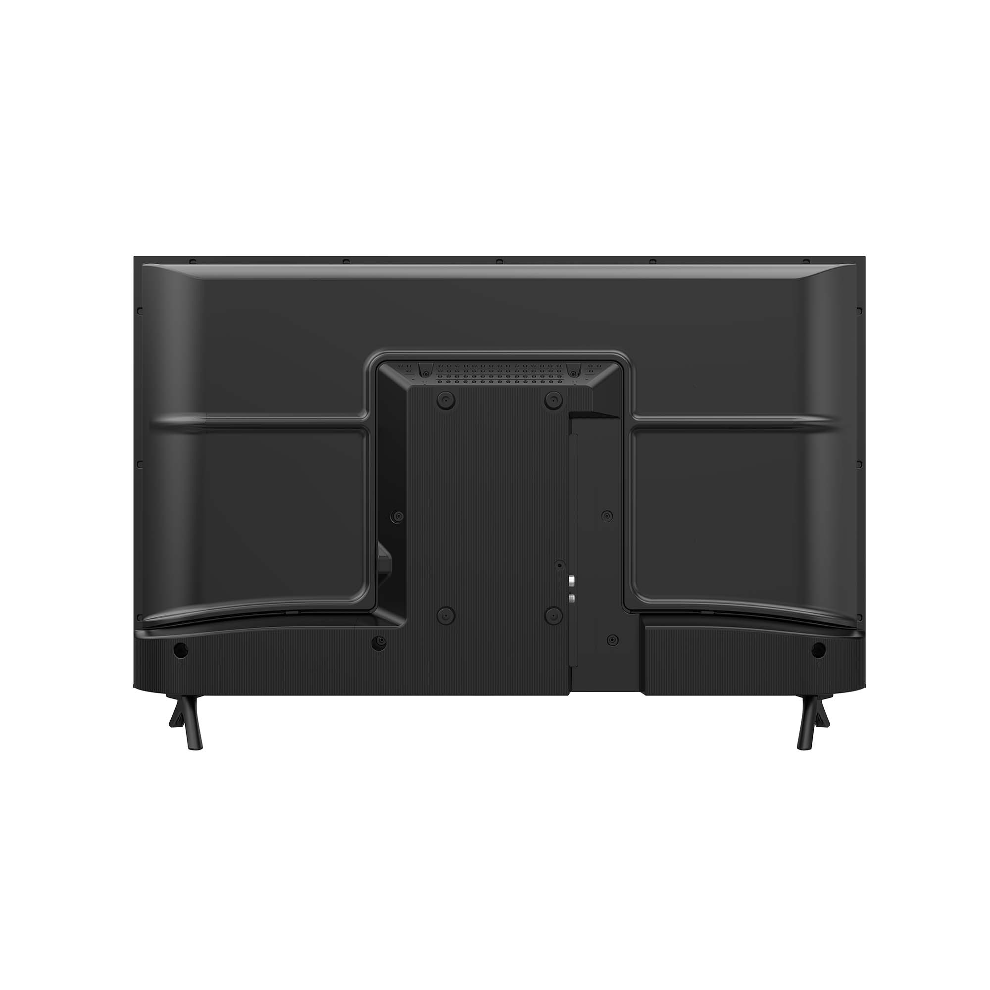 Tył czarnego telewizora z portami i złączami. Czarne nóżki.