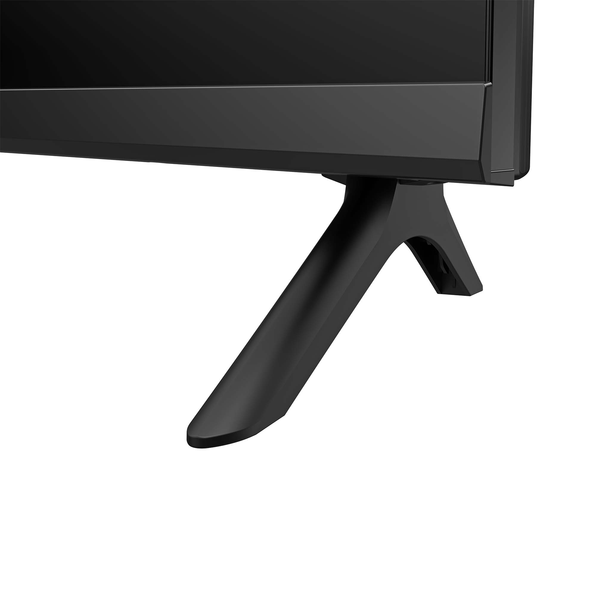 Zbliżenie czarnej nóżki telewizora na białym tle, pokazujące konstrukcję podstawy.