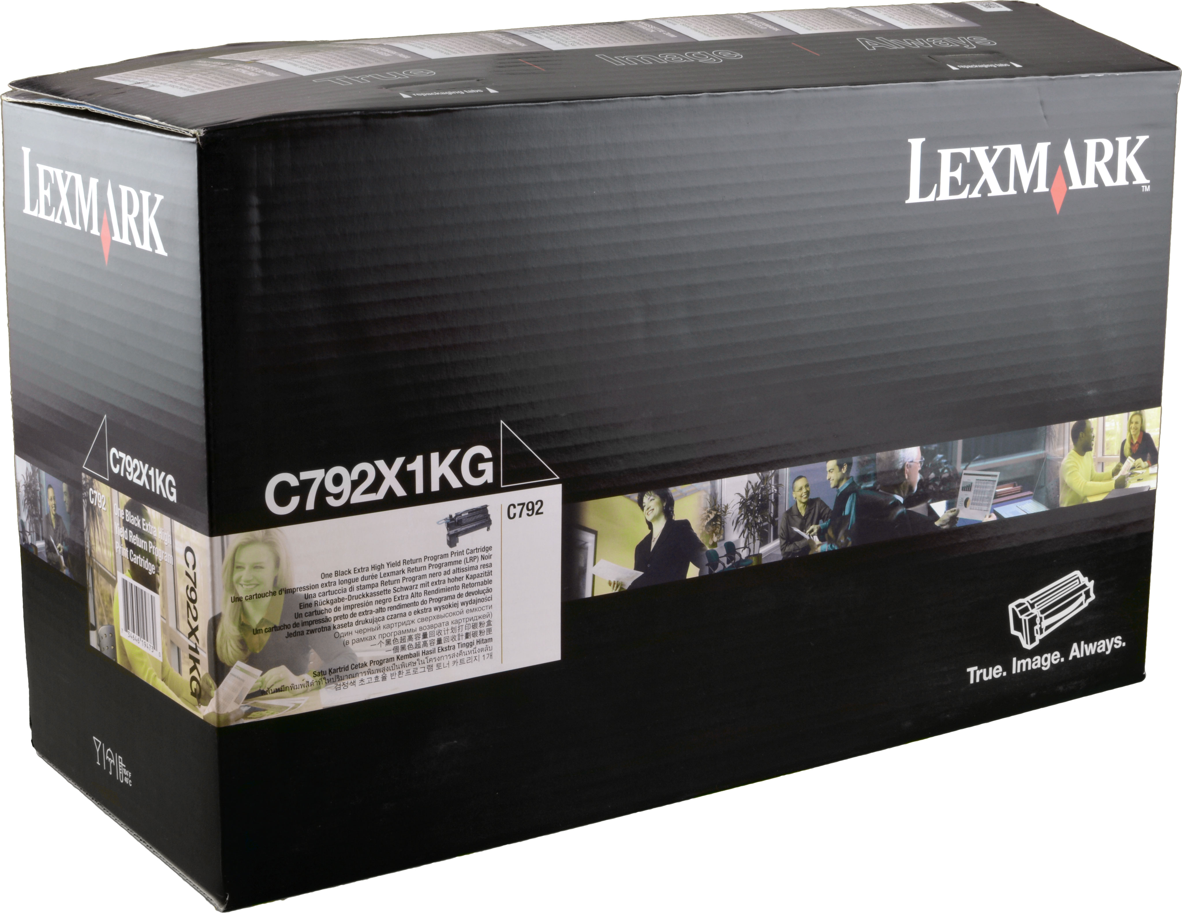 Schwarzer Lexmark-Tonerkarton mit Produktdetails und Bildern von Personen.