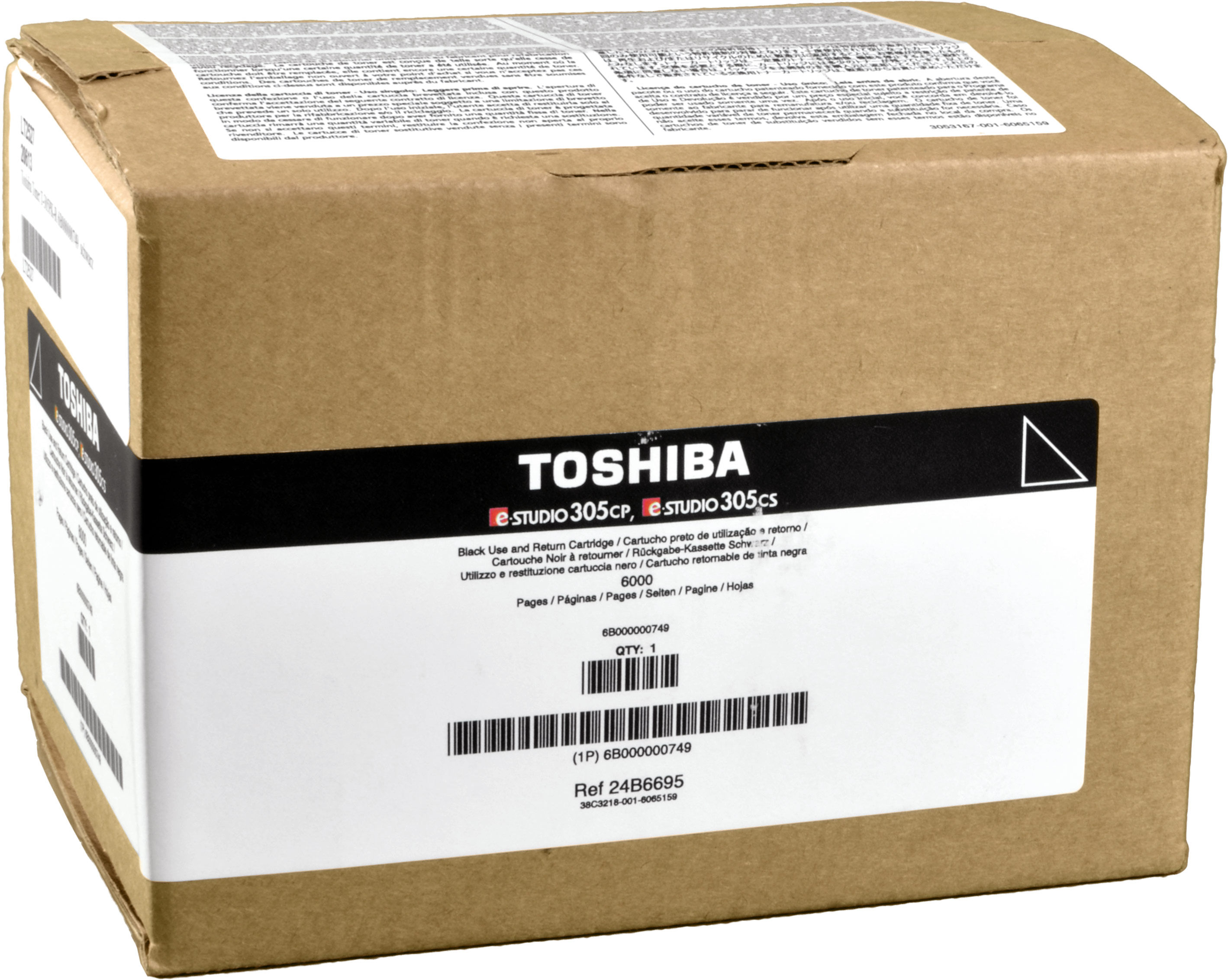 Una scatola di toner Toshiba e-Studio 305CP. È di cartone e ha testo e un codice a barre sul davanti.