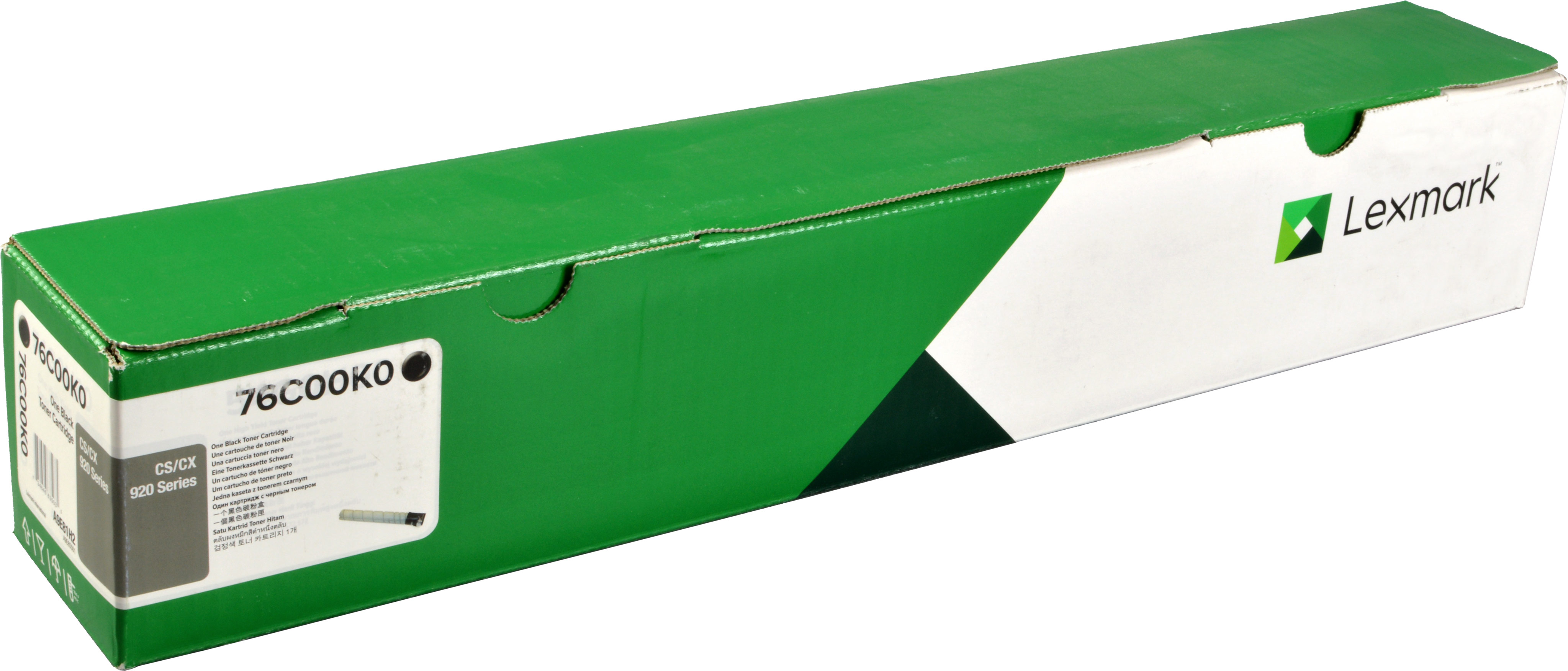 Grüne und schwarze Lexmark-Tonerpatronenbox, isoliert auf weißem Hintergrund.