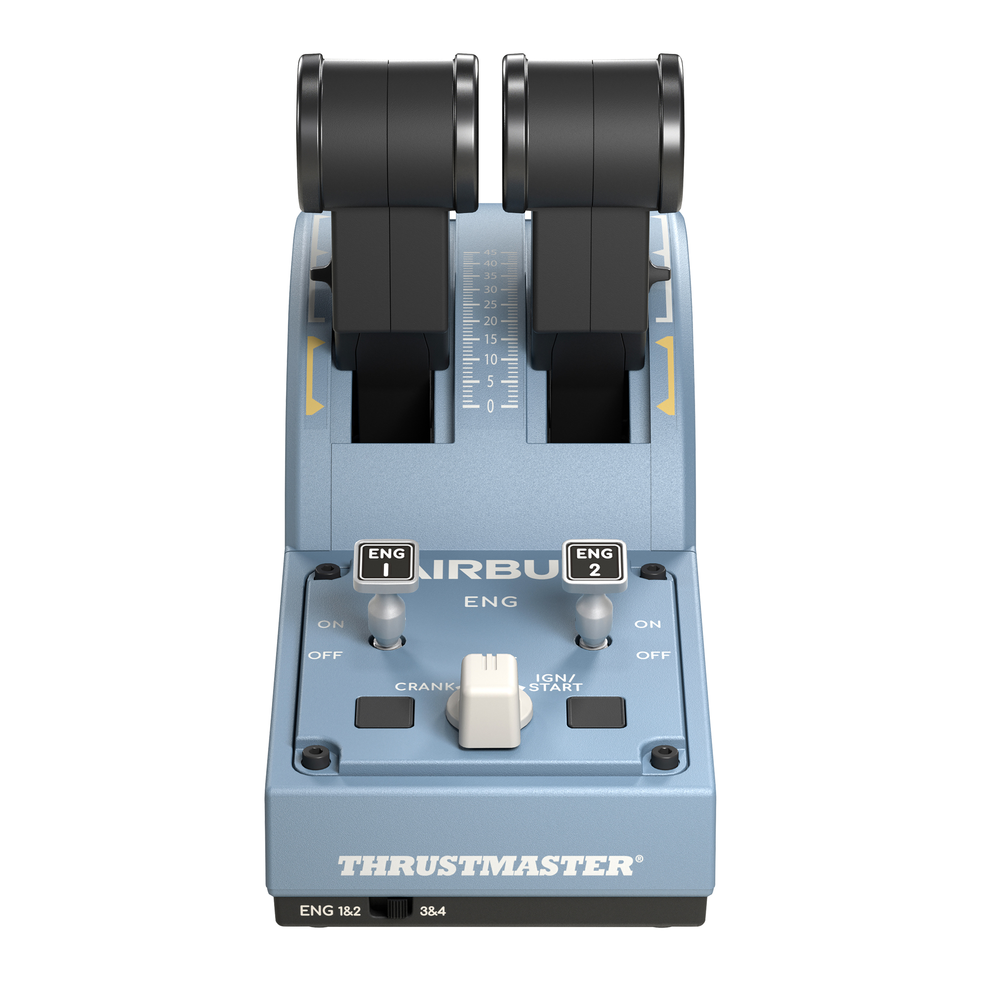 Airbus throttle quadrant with two levers, various switches, and gauges on a blue base.