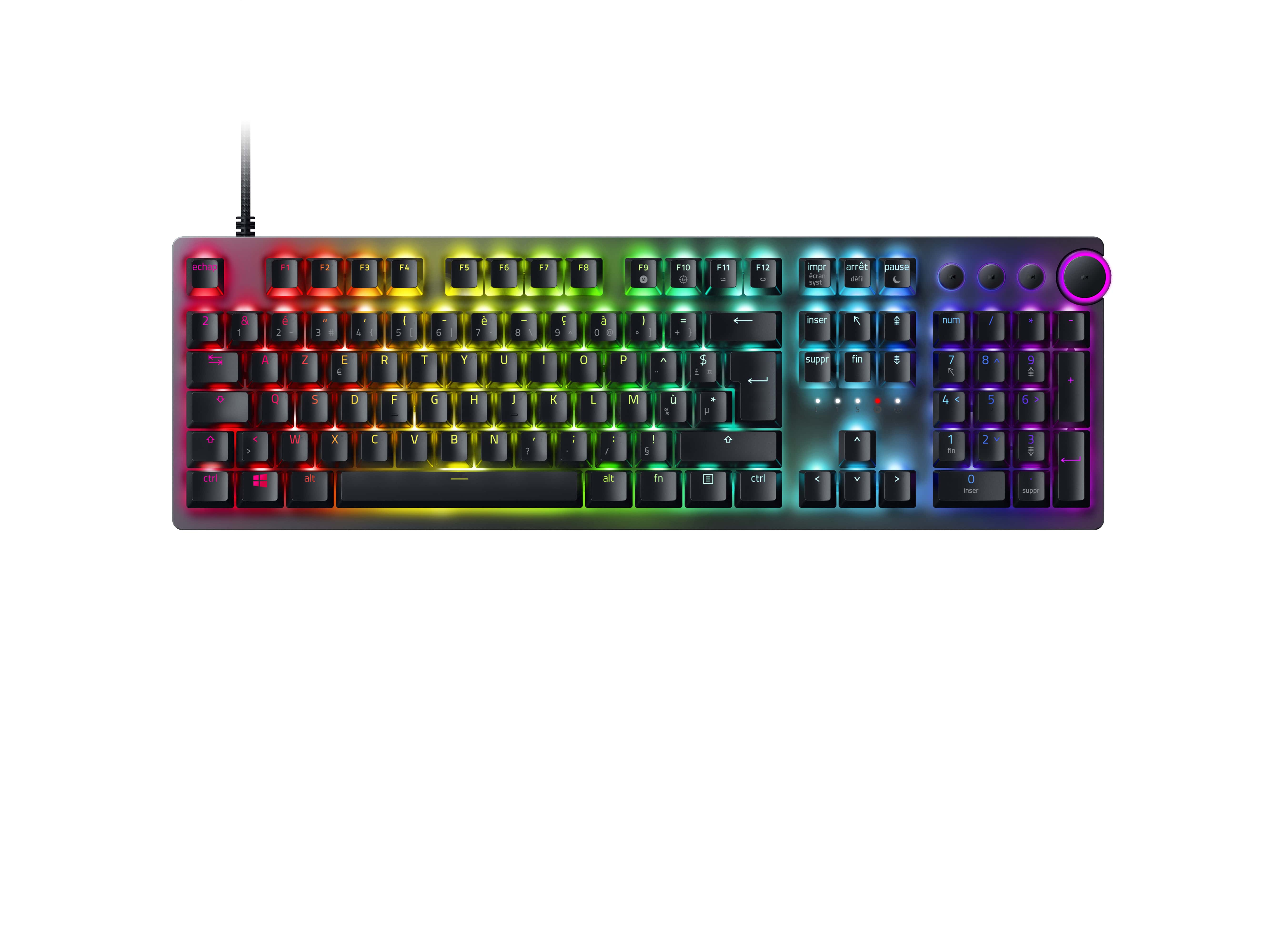 Tastiera illuminata RGB con sfondo bianco.