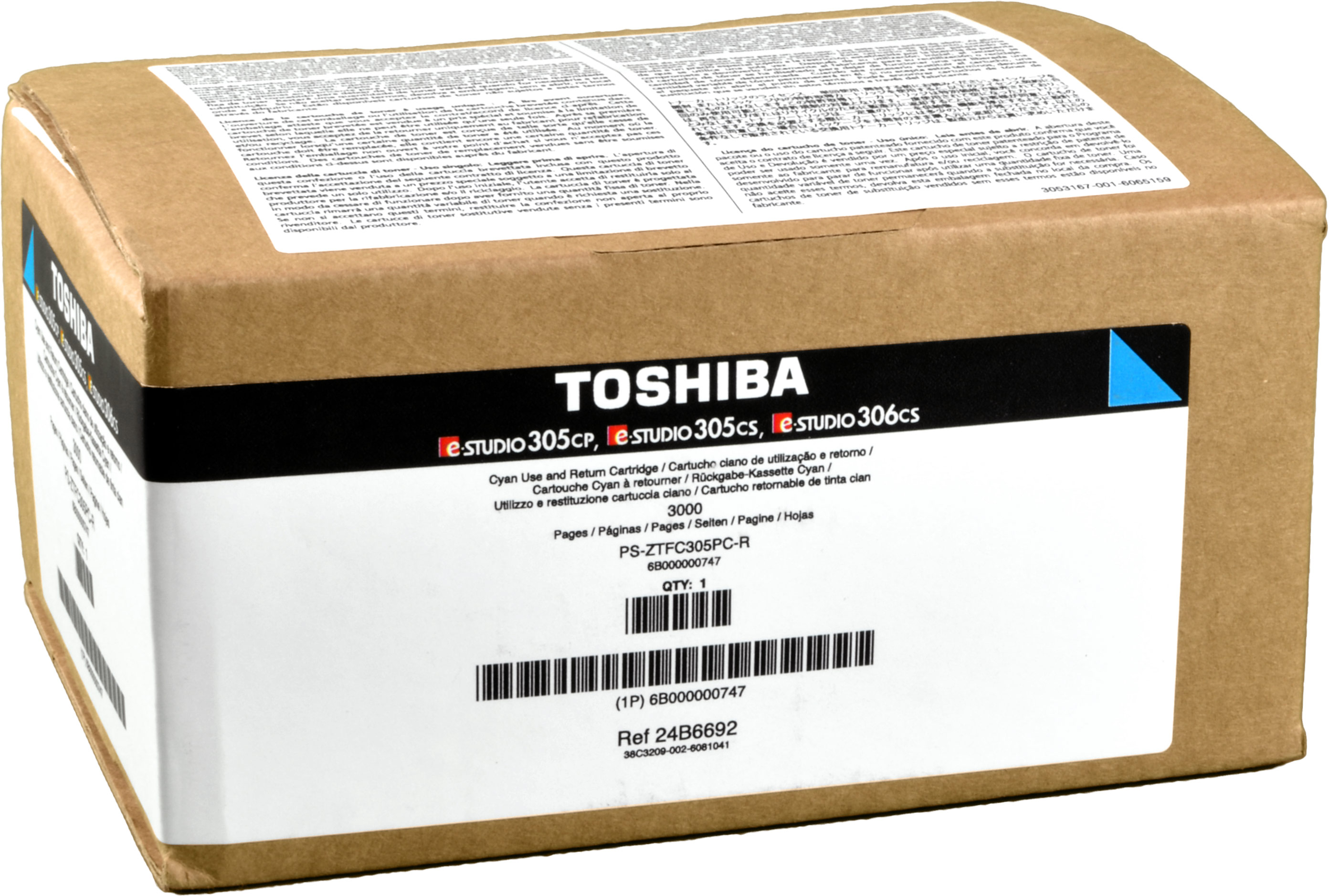 Scatola marrone con marchio TOSHIBA, adesivo blu e testo stampato, su sfondo bianco.