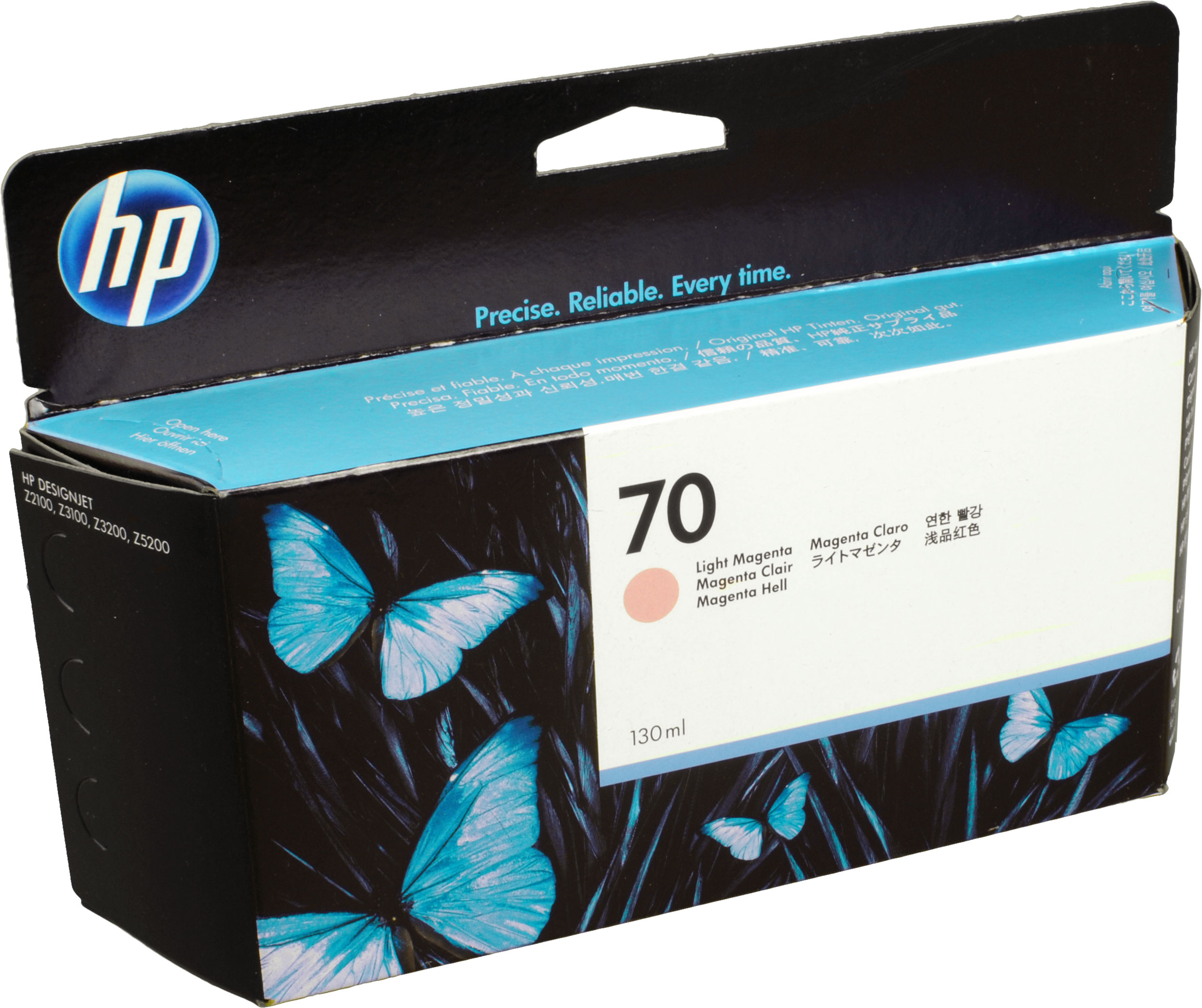 HP inktcartridge doos met vlinder, licht magenta, en 130ml.
