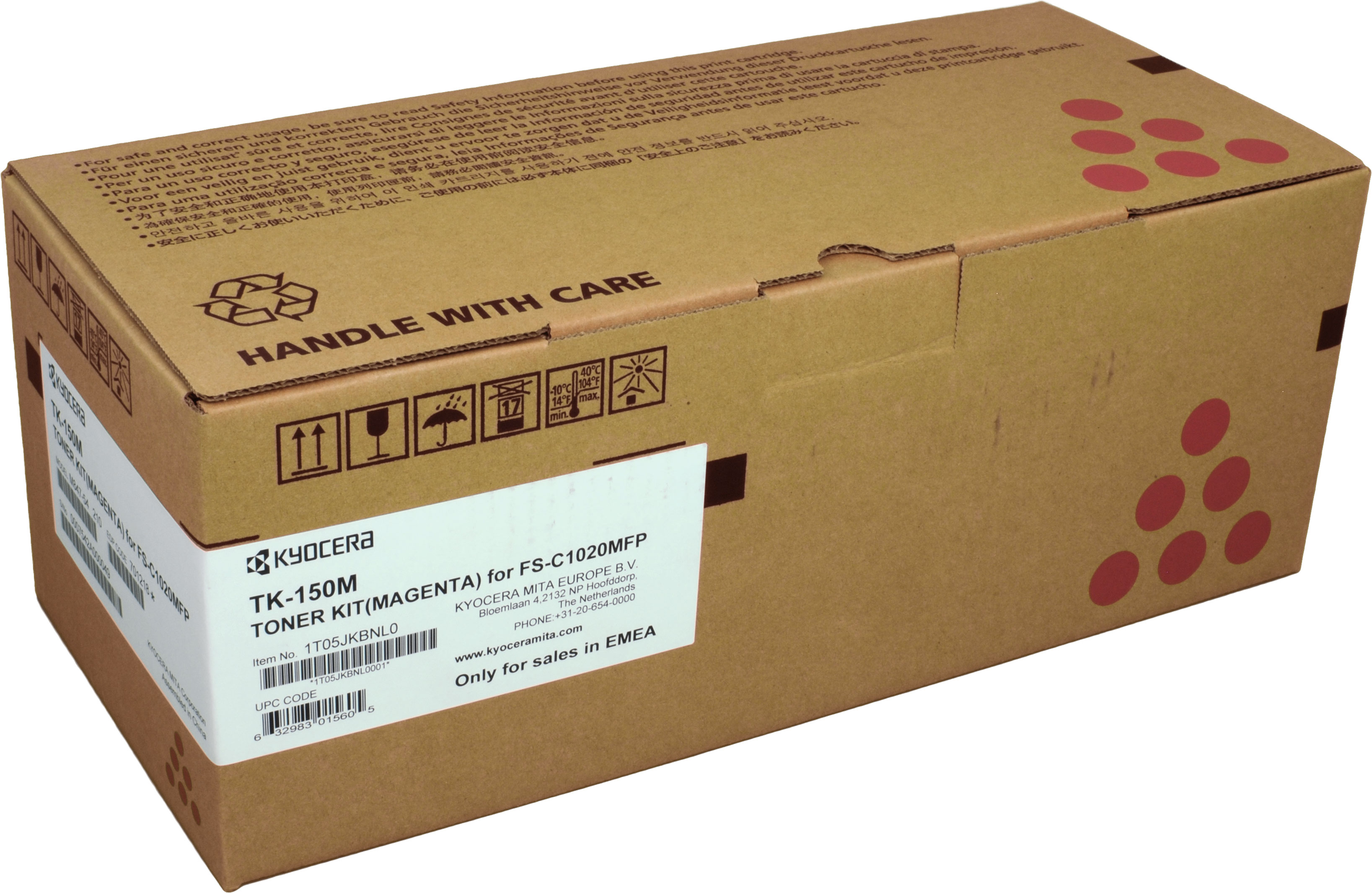 Una scatola di cartone marrone con l'etichetta "TK-150M TONER KIT" per stampante Kyocera con toner magenta.