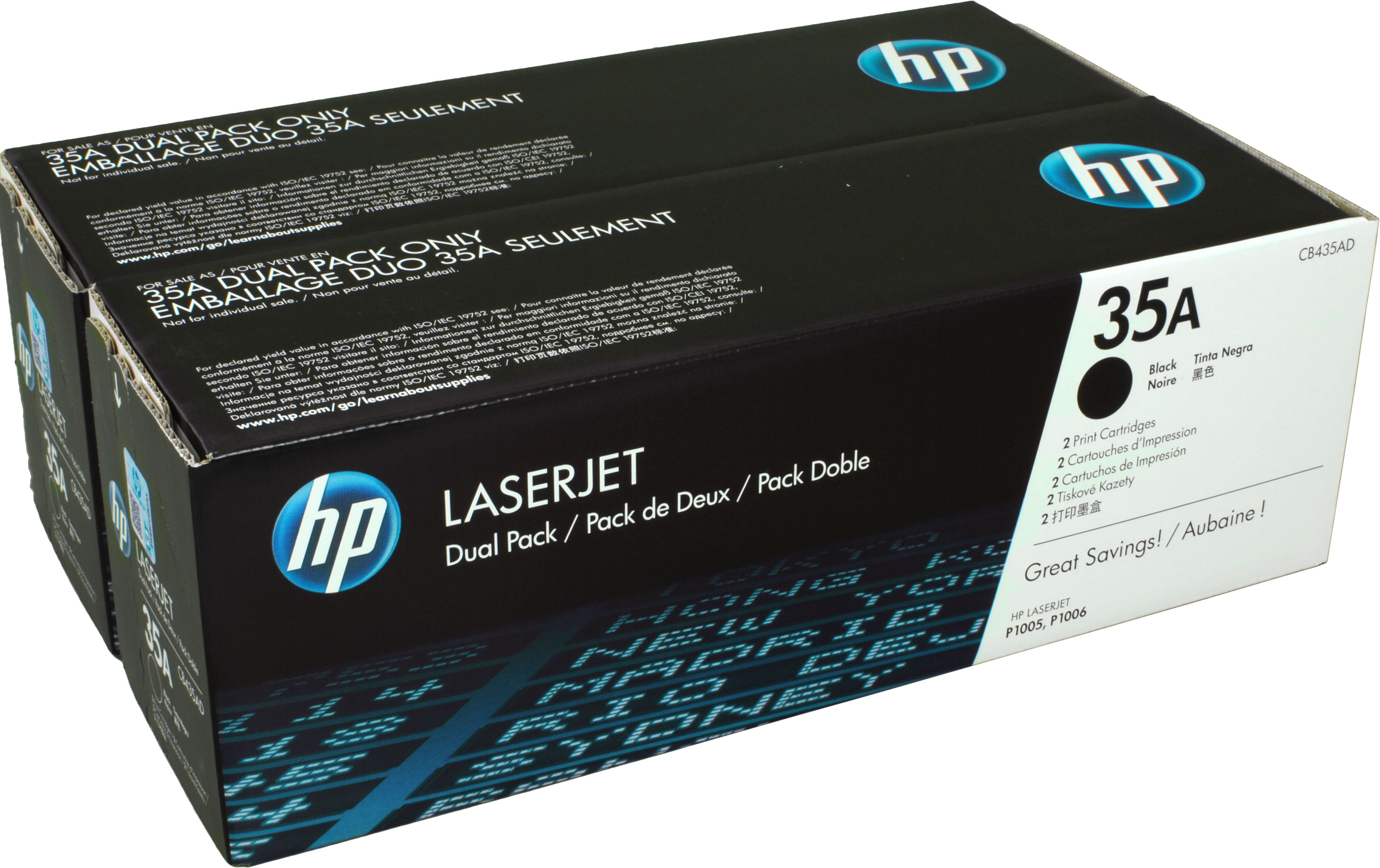 Eine schwarz-weiße Box mit der Aufschrift '35A' und 'LaserJet' mit zwei Tintenpatronen.