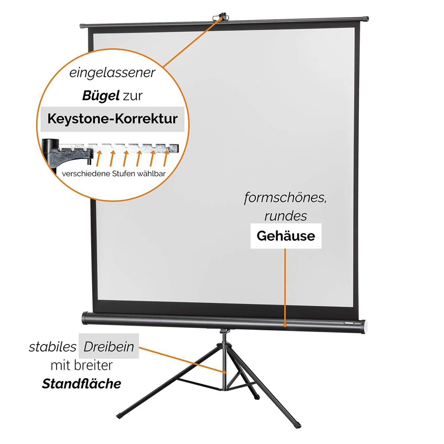 Projektorleinwand auf einem Stativ, mit Text und Details zur Trapezkorrektur.