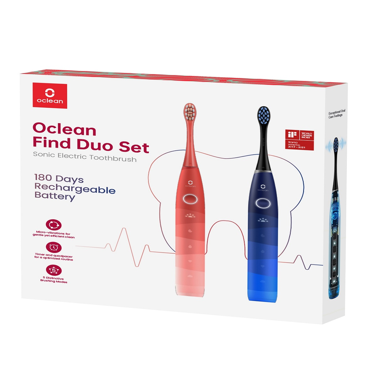 Oclean Find Duo Set elektrycznych szczoteczek do zębów. Dwie szczoteczki w pudełku z akumulatorem.