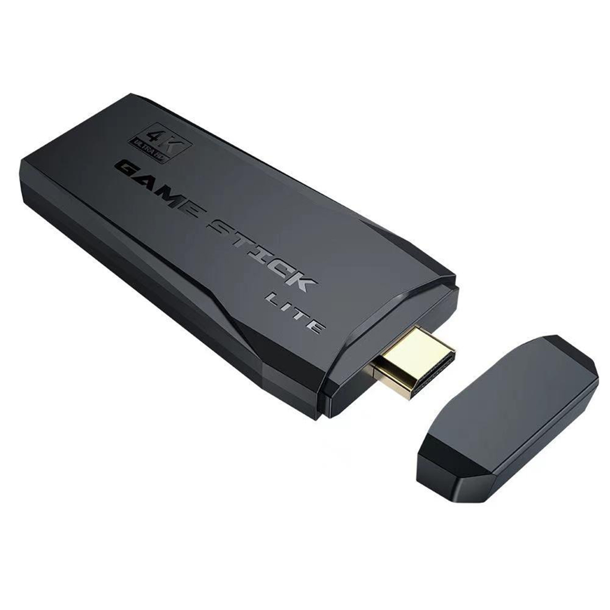 Game Stick Lite negro, dispositivo rectangular con conector dorado.