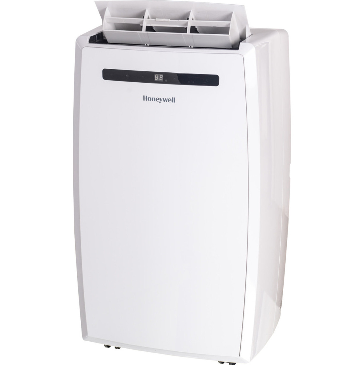 Aire acondicionado portátil blanco. Cuenta con una pantalla digital y ventilación superior.