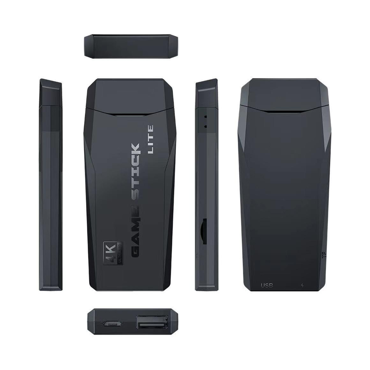 Game Stick Lite negro, varias vistas mostrando diseño y puertos con etiquetas 4K Ultra HD y USB.
