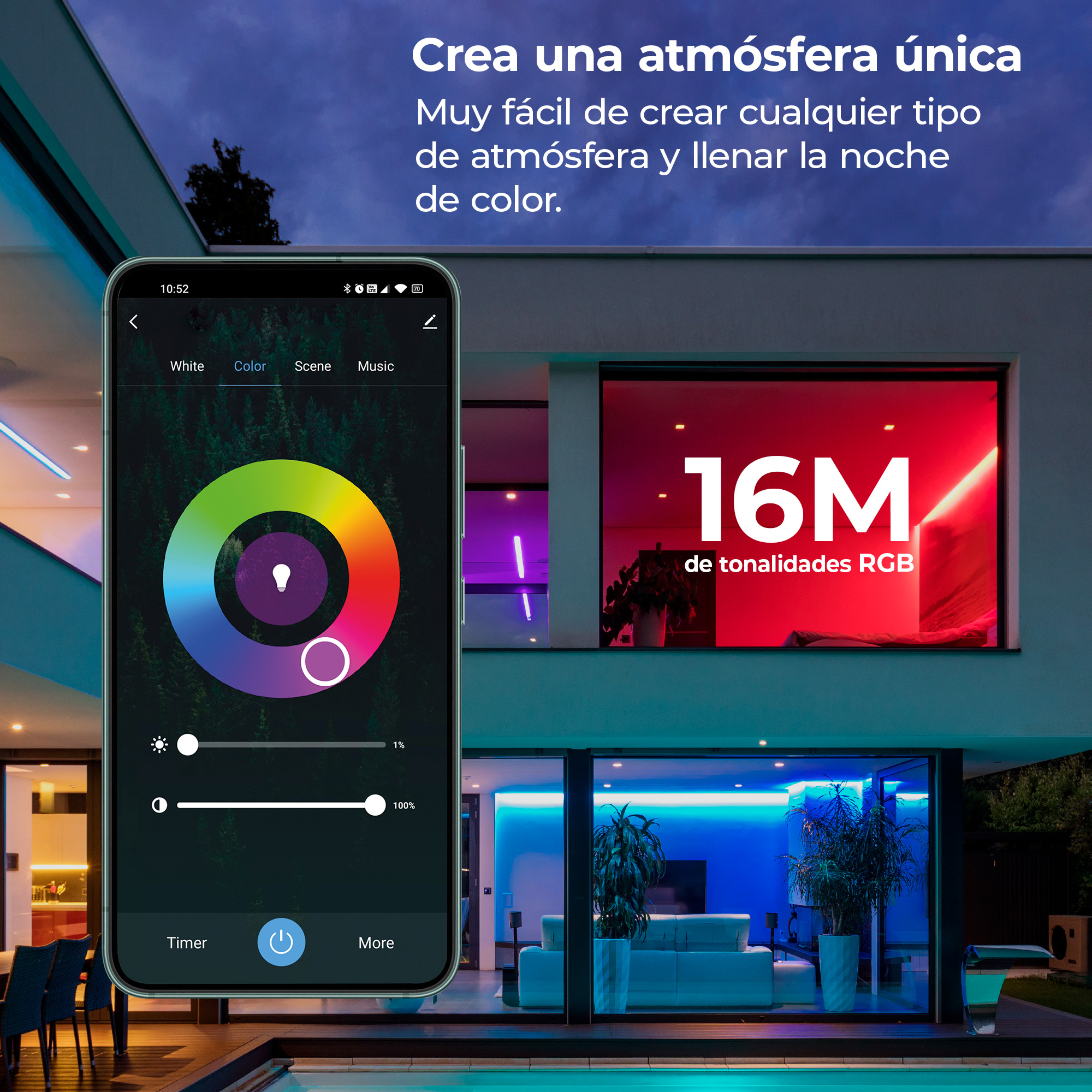 Uno smartphone che mostra una ruota dei colori e una scena di casa intelligente con luci rosse e blu.
