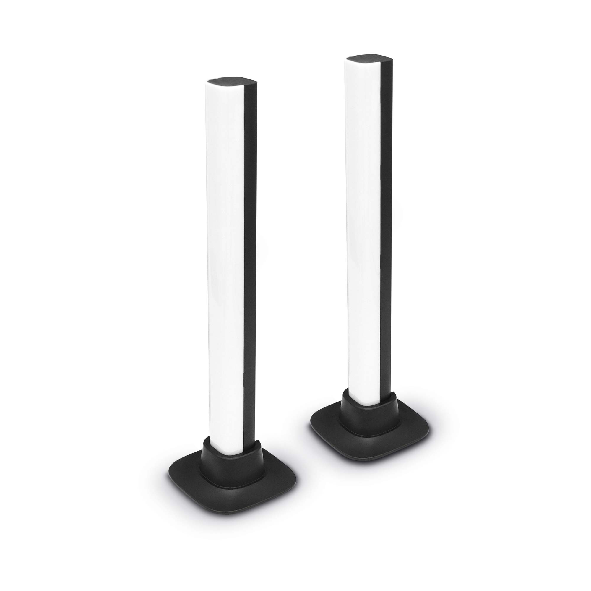 Dwie biało-czarne lampy na białym tle. Każda lampa ma czarną podstawę.