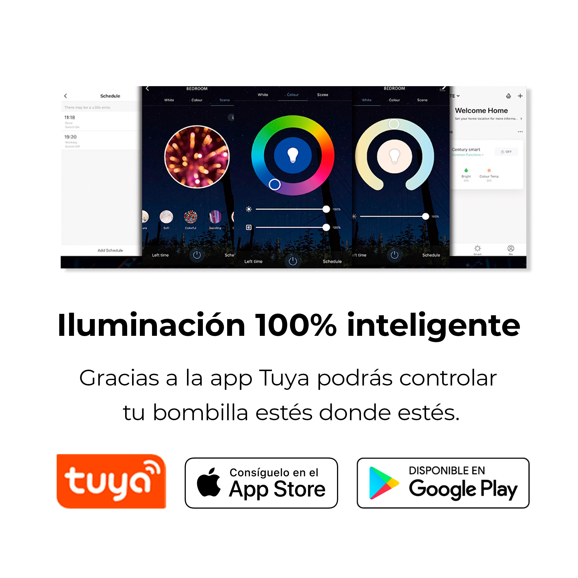 Schermo dello smartphone che mostra i controlli dell'app per l'illuminazione intelligente. Il testo dice: "Iluminación 100% inteligente".