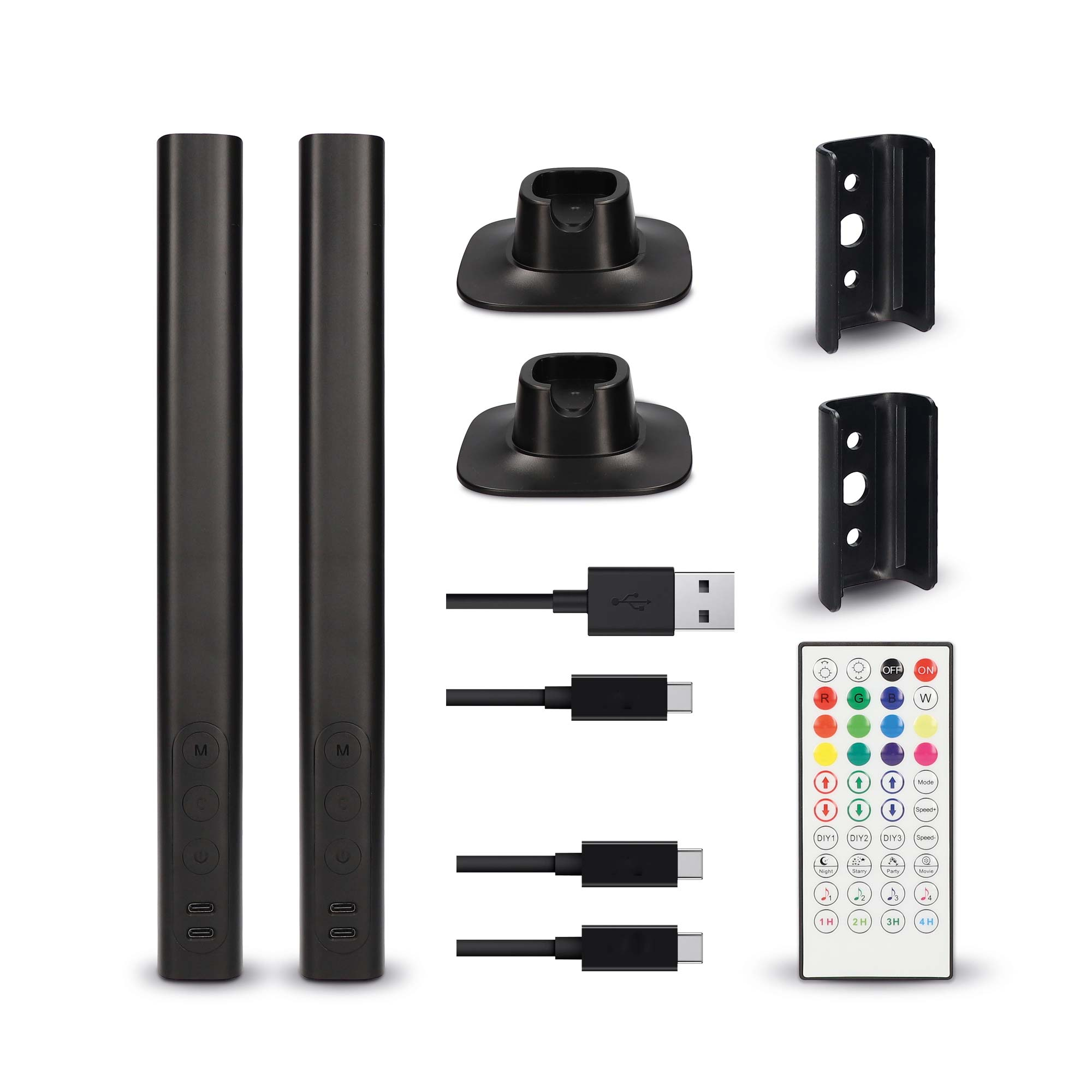 Dwa czarne patyczki świetlne, różne kable, dwie podstawki i pilot.