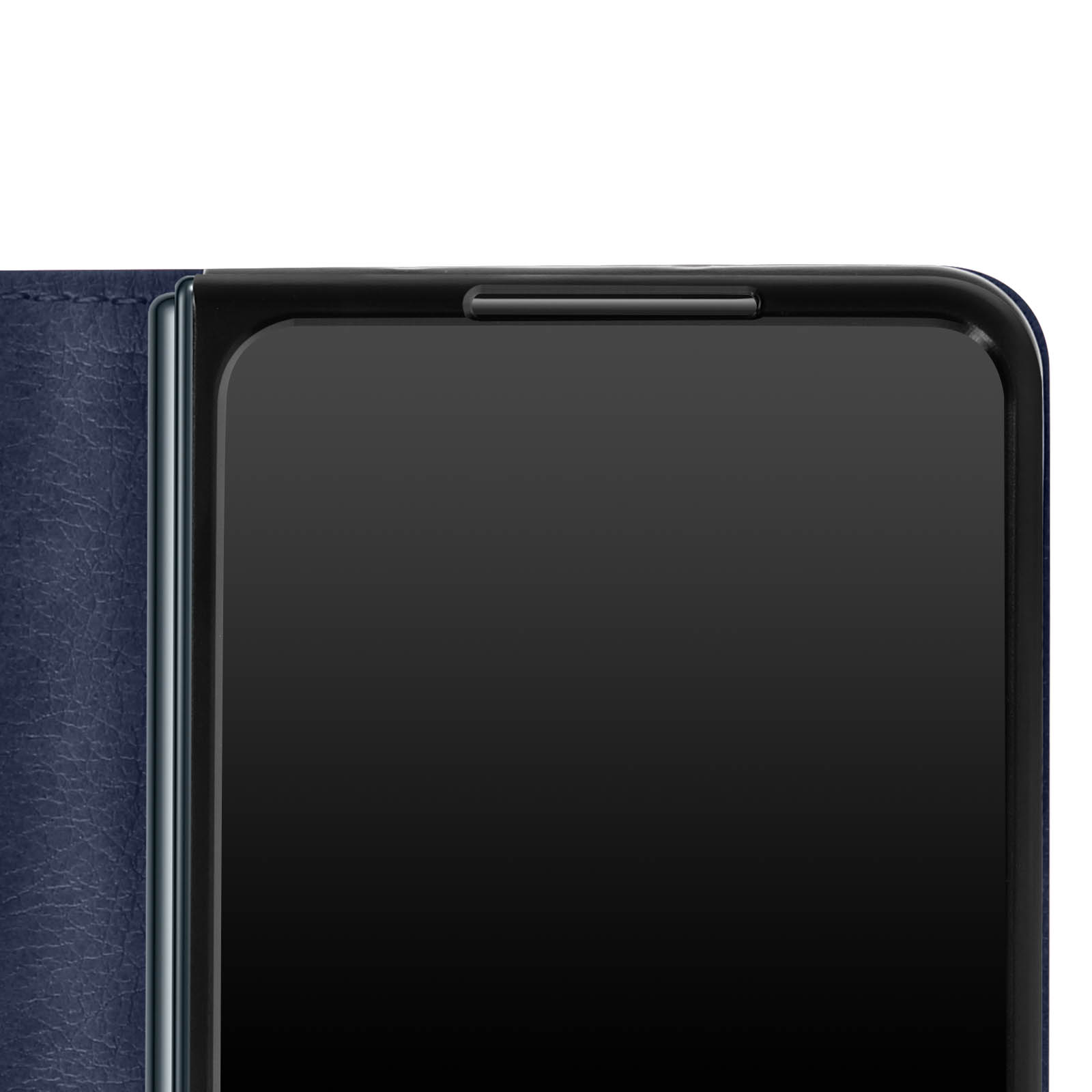 Close-up van een telefoonscherm, in een blauwe leren hoes.