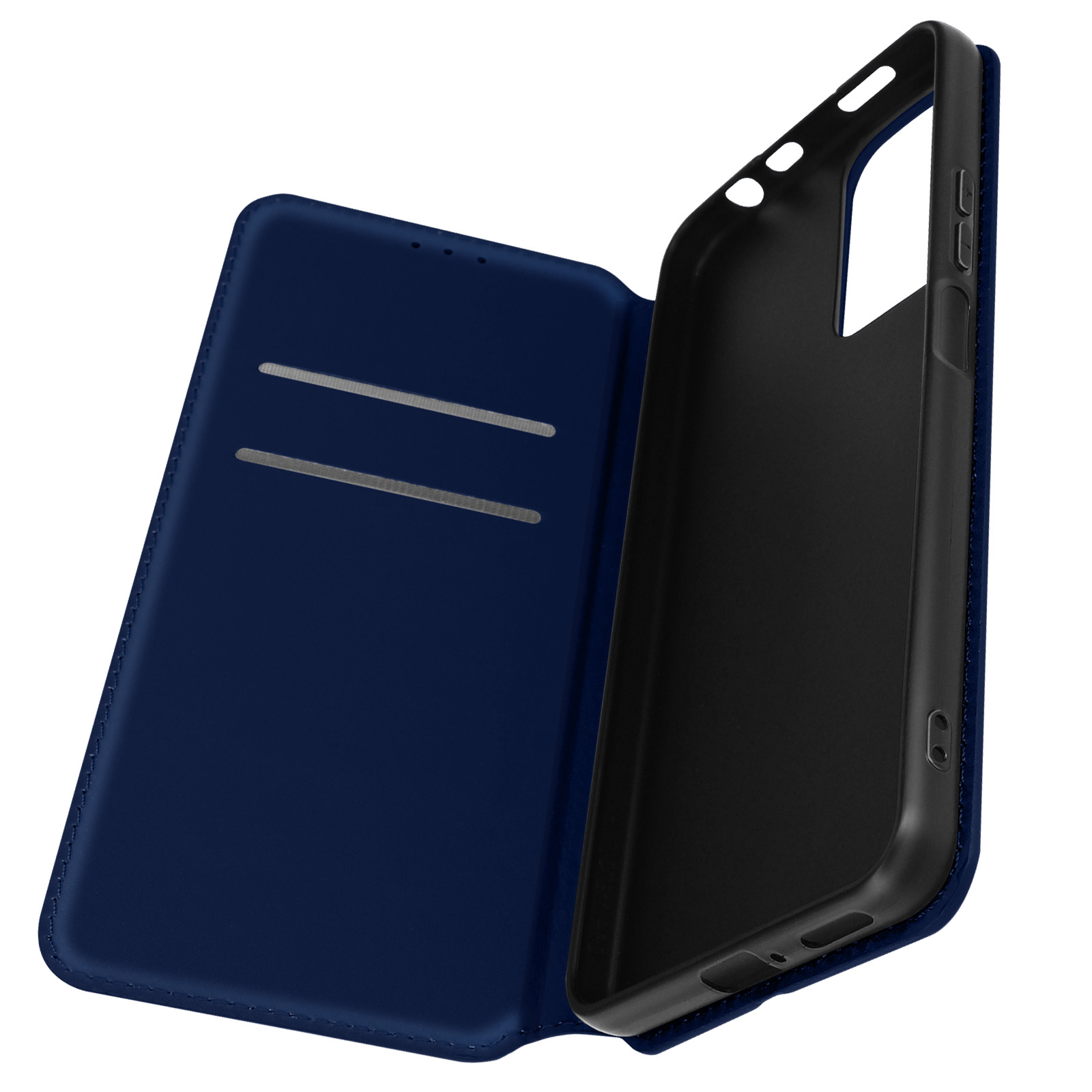 Custodia blu aperta. L'interno è nero e presenta fessure per carte. Il ritaglio del telefono è visibile.
