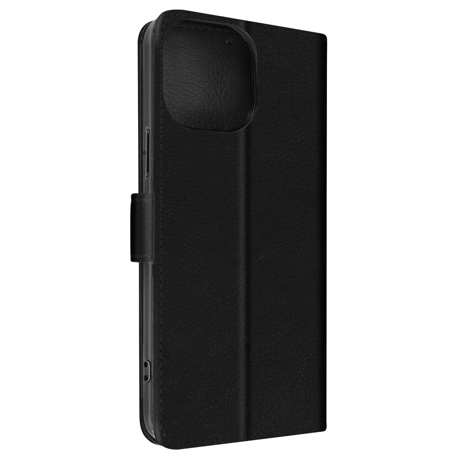 Una custodia per telefono nera chiusa. La custodia ha una texture in pelle e una chiusura magnetica.
