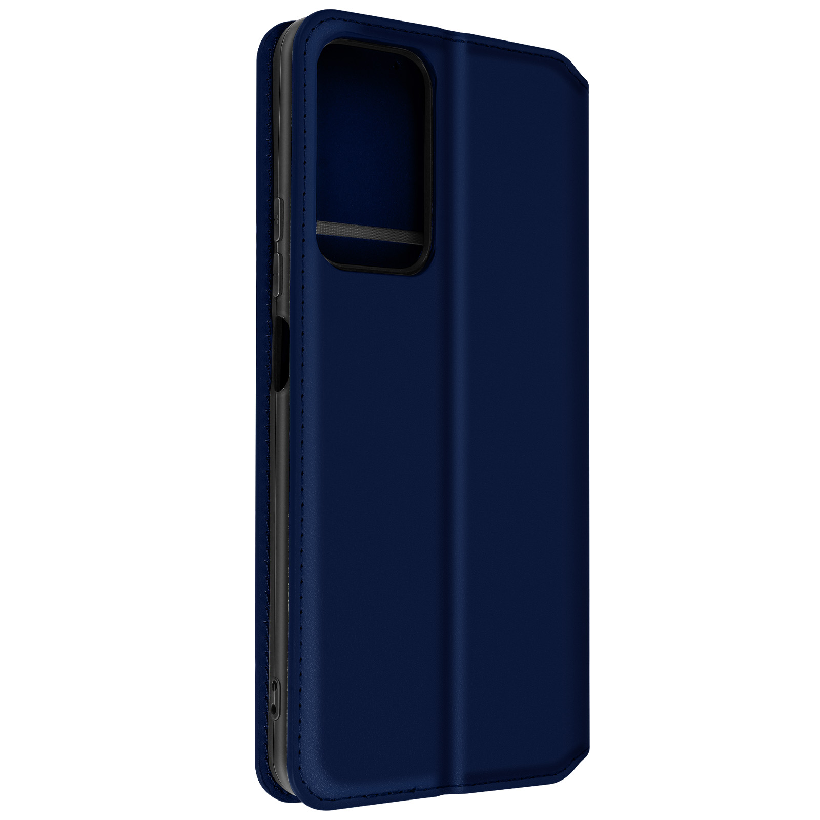Custodia blu navy. Cuciture visibili. Vista laterale.