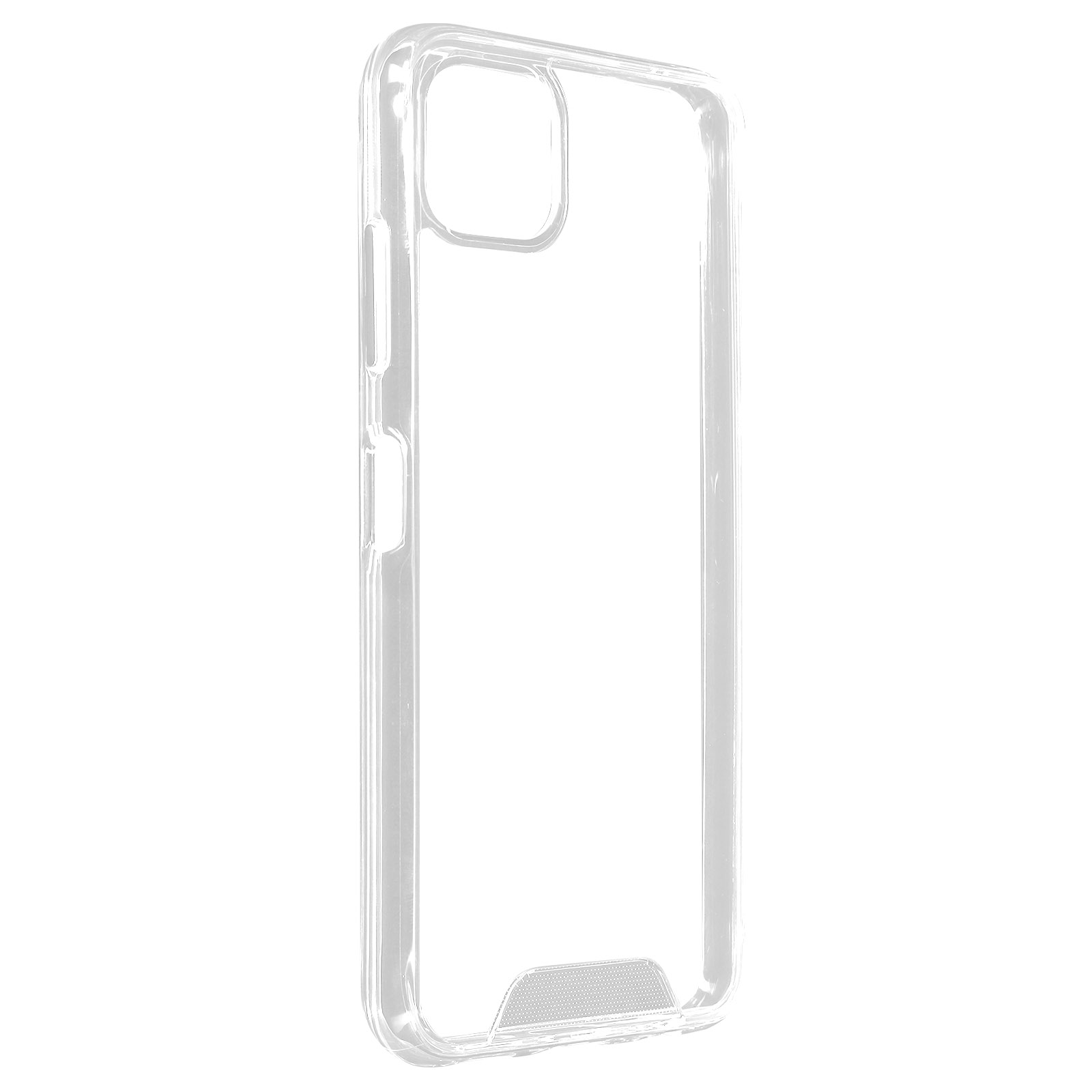 Custodia trasparente per telefono con ritaglio per fotocamera su sfondo bianco.