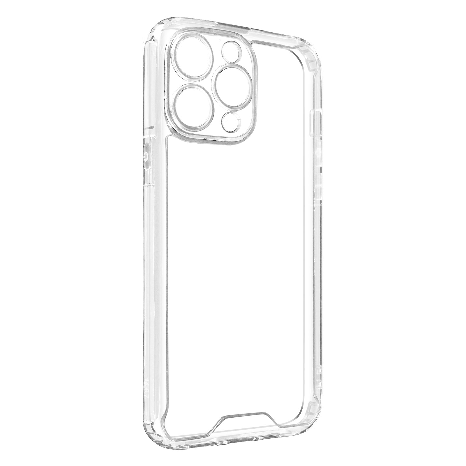 Custodia trasparente per telefono. Plastica trasparente con ritagli per la fotocamera. Sfondo bianco.