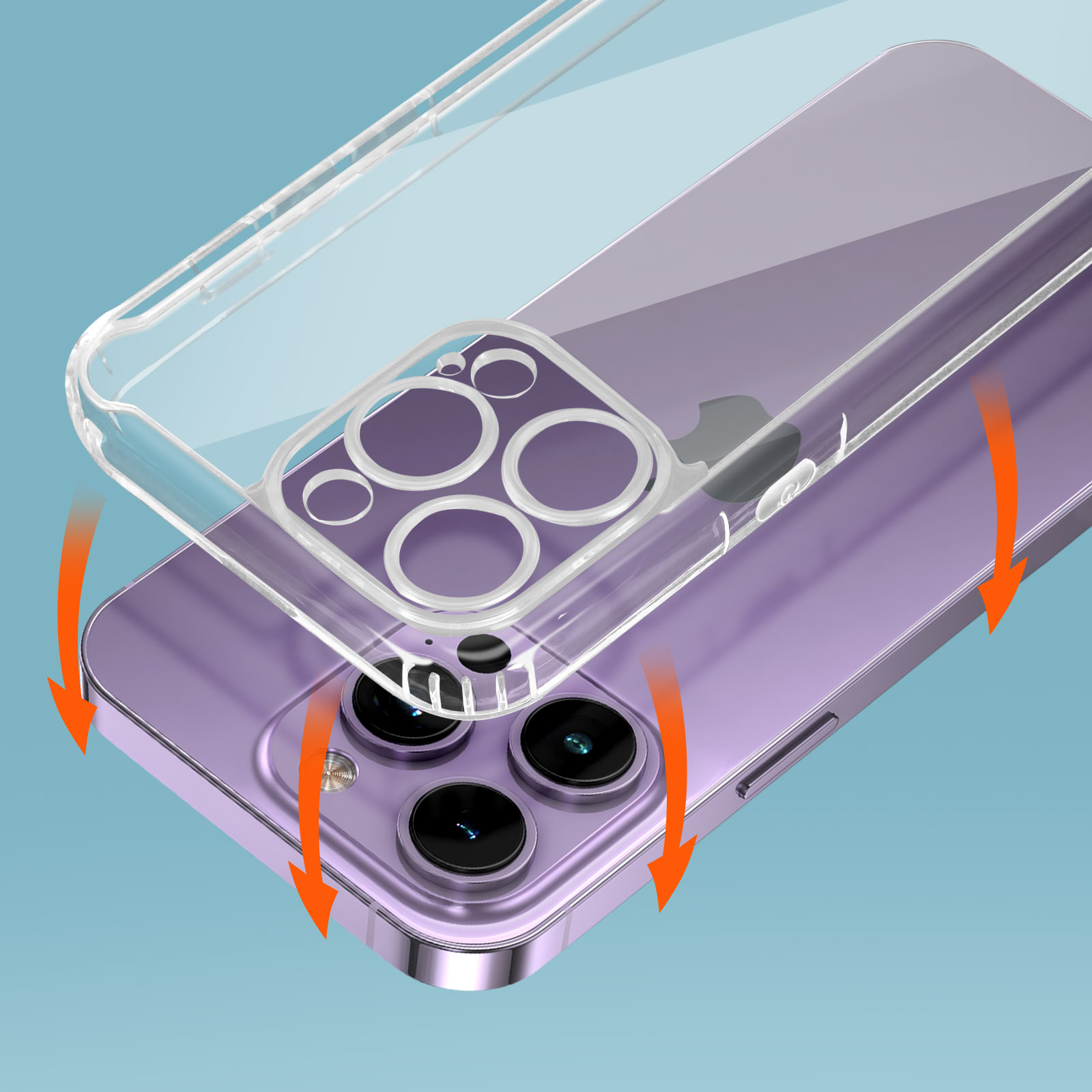 Una custodia trasparente viene posizionata su un telefono viola, mostrando i ritagli della fotocamera.