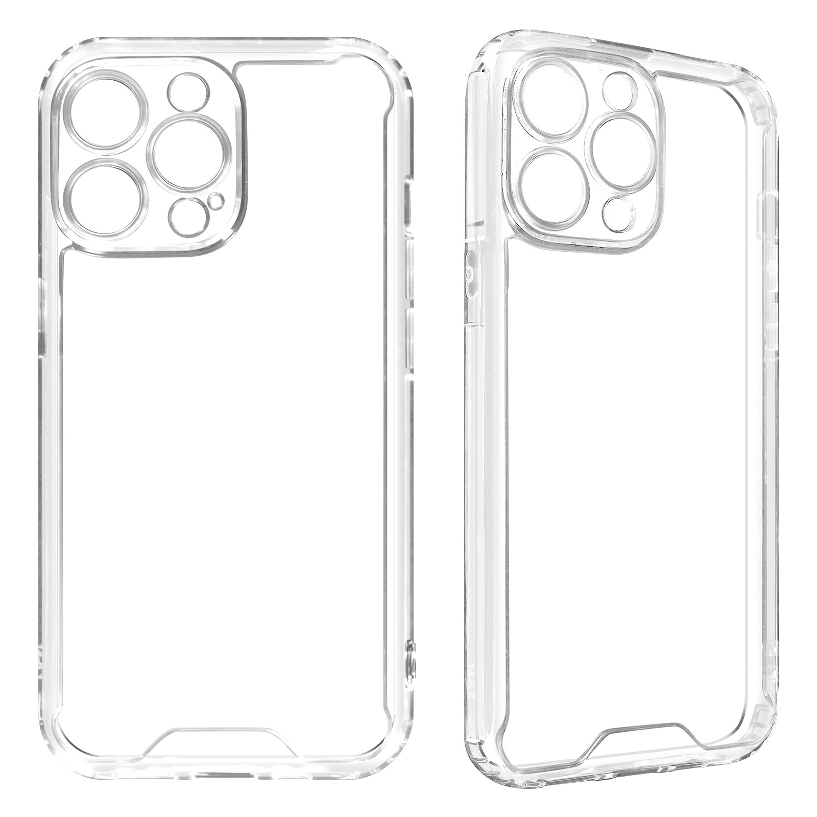 Due custodie trasparenti per telefono, trasparenti, con fori per fotocamera e pulsanti visibili.