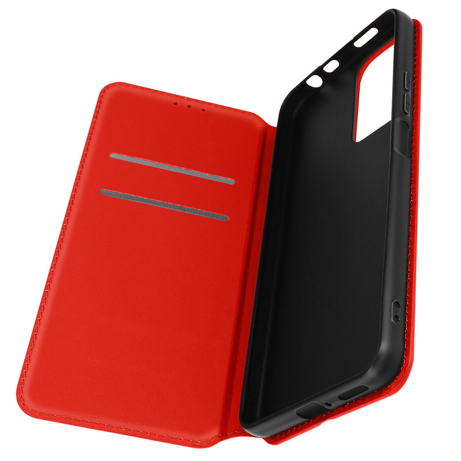 Custodia rossa per telefono, aperta. Interno rosso con fessure per carte. Cornice nera per telefono. Con chiusura.
