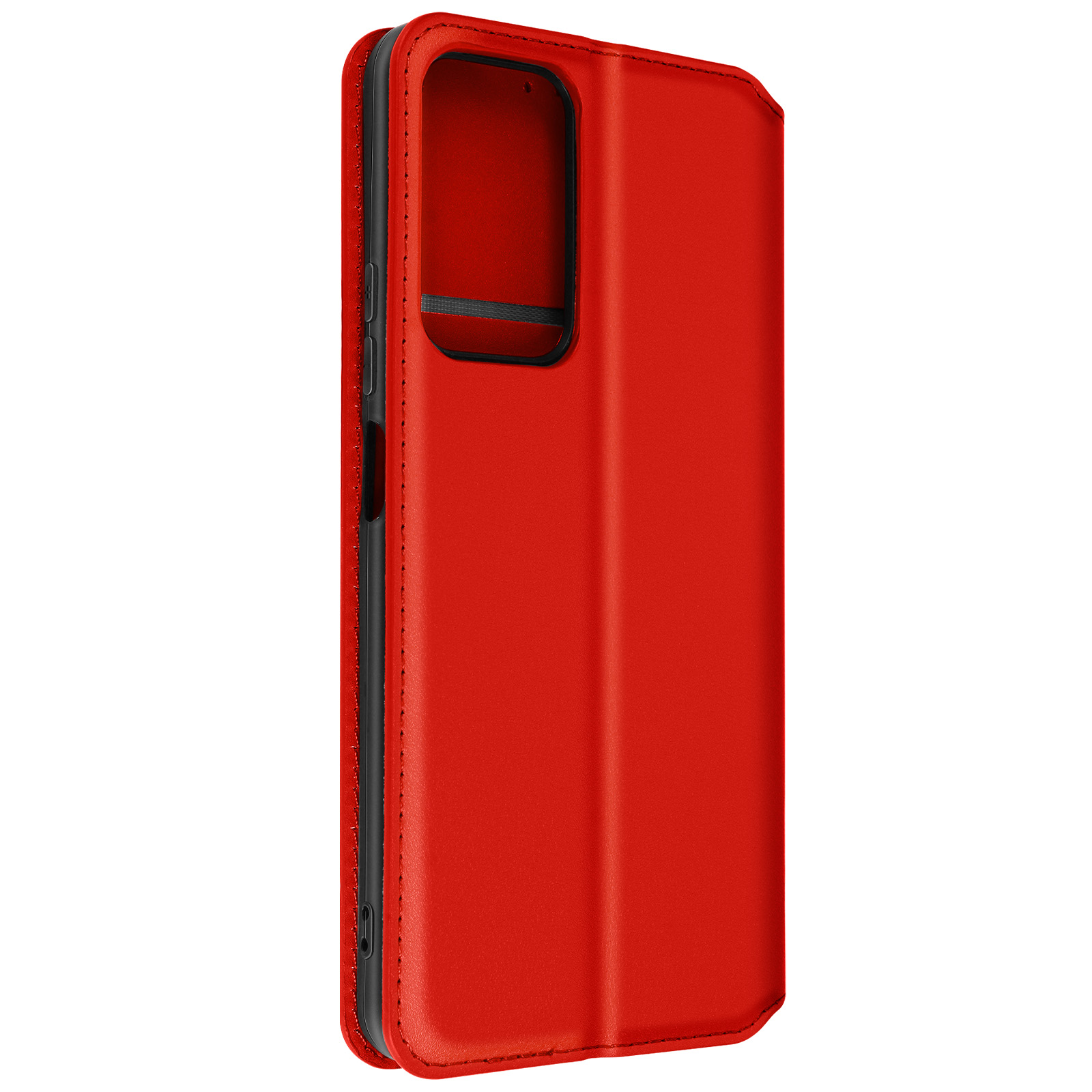 Custodia rossa per telefono. Vista laterale. Materiale similpelle.