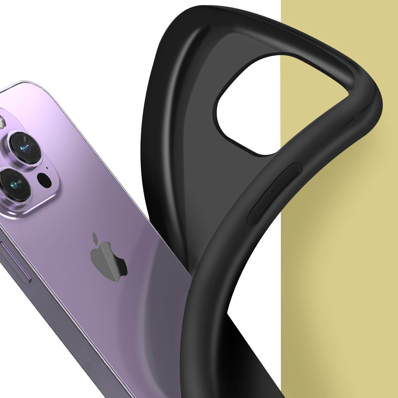 Telefono viola e custodia nera. La custodia è aperta e avvolta attorno al telefono. Lo sfondo è bicolore.