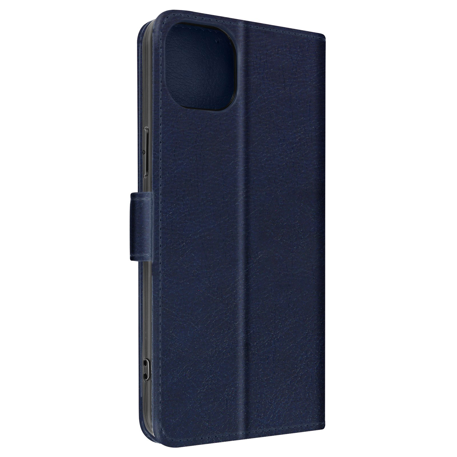 Marineblauwe telefoonhoes, gesloten, met een getextureerd oppervlak. Achtergrond is wit.