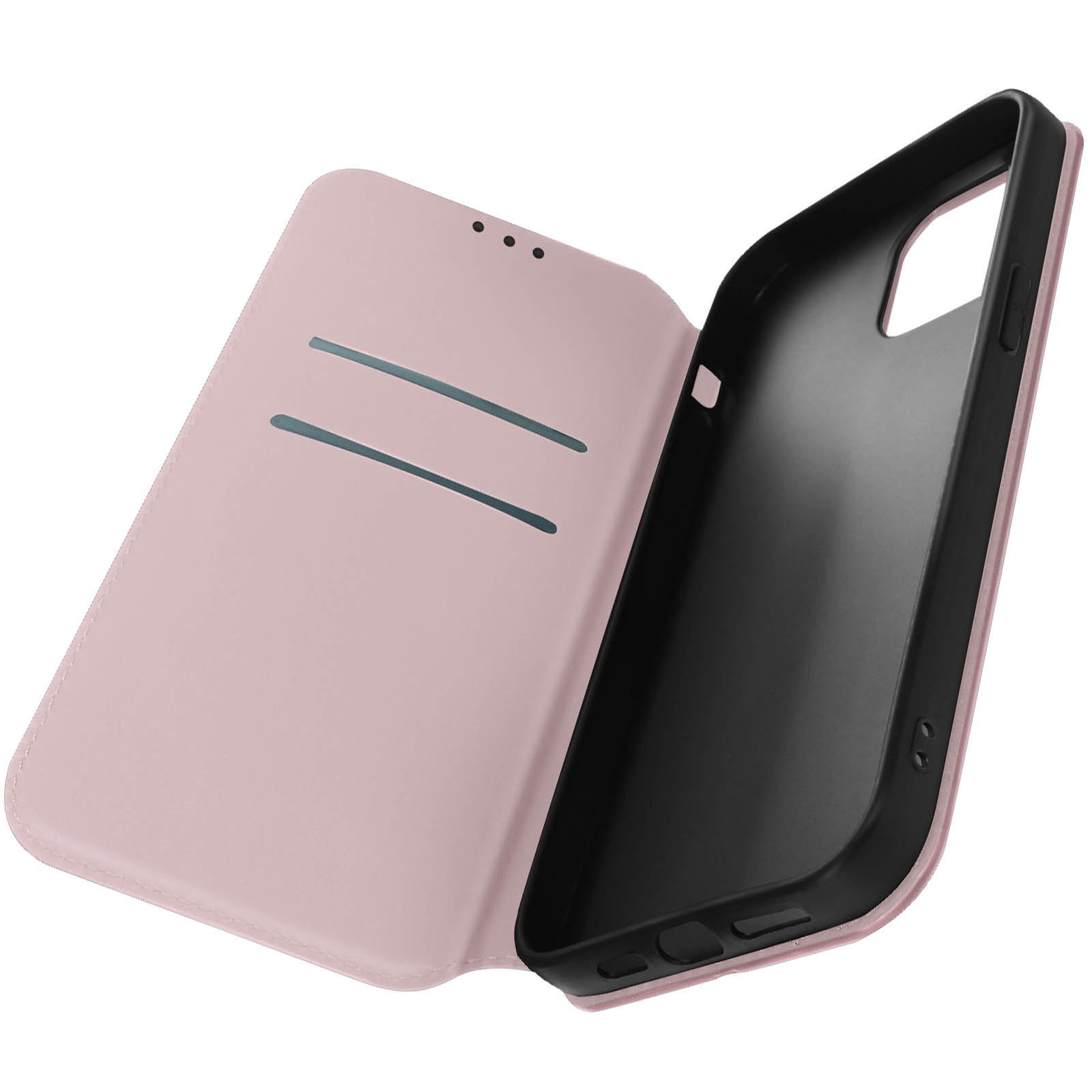 Étui de téléphone rose, ouvert, montrant l'intérieur avec des fentes pour cartes. Bord noir.