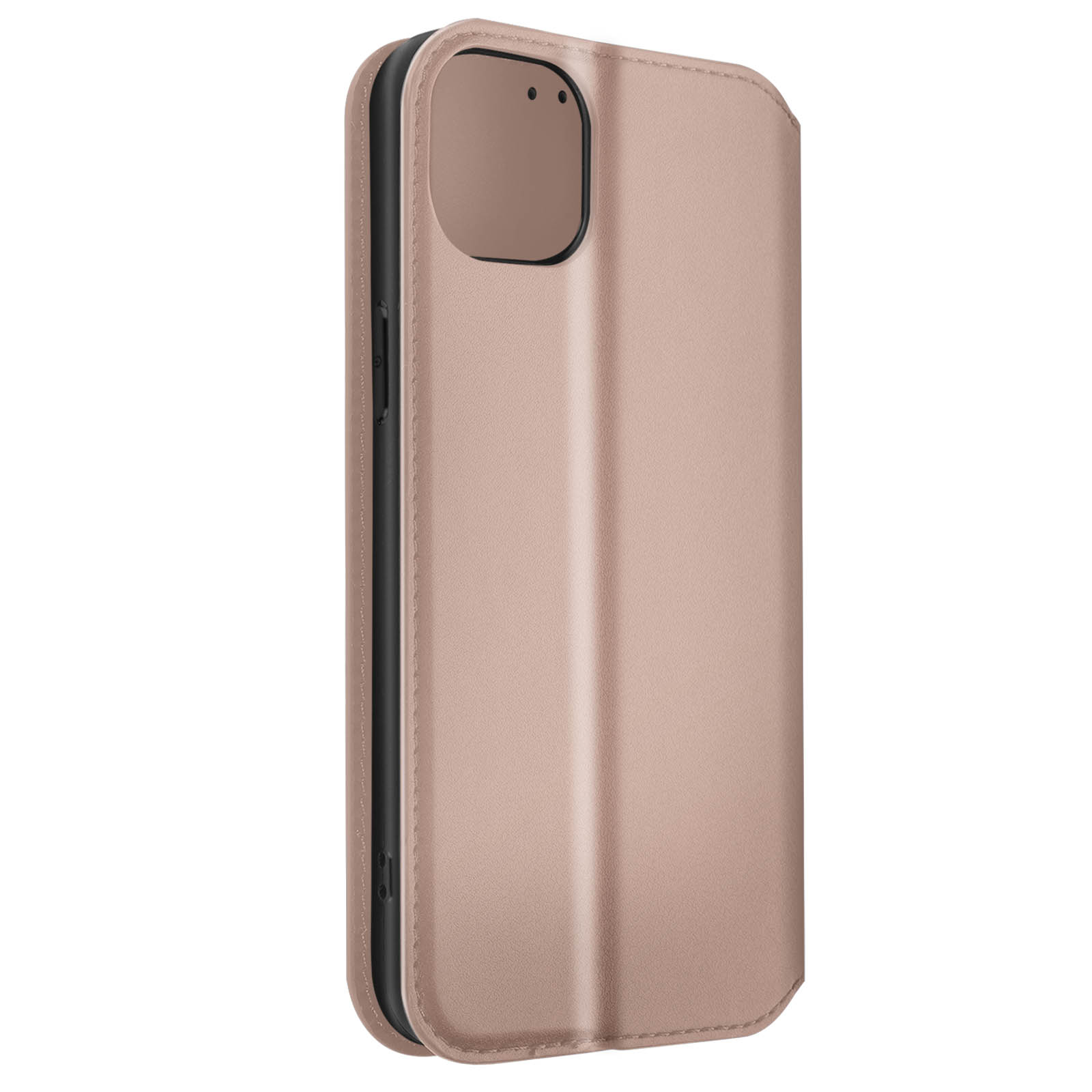 Un étui de téléphone or rose est fermé, montrant une bosse de caméra. L'étui a une fermeture magnétique.