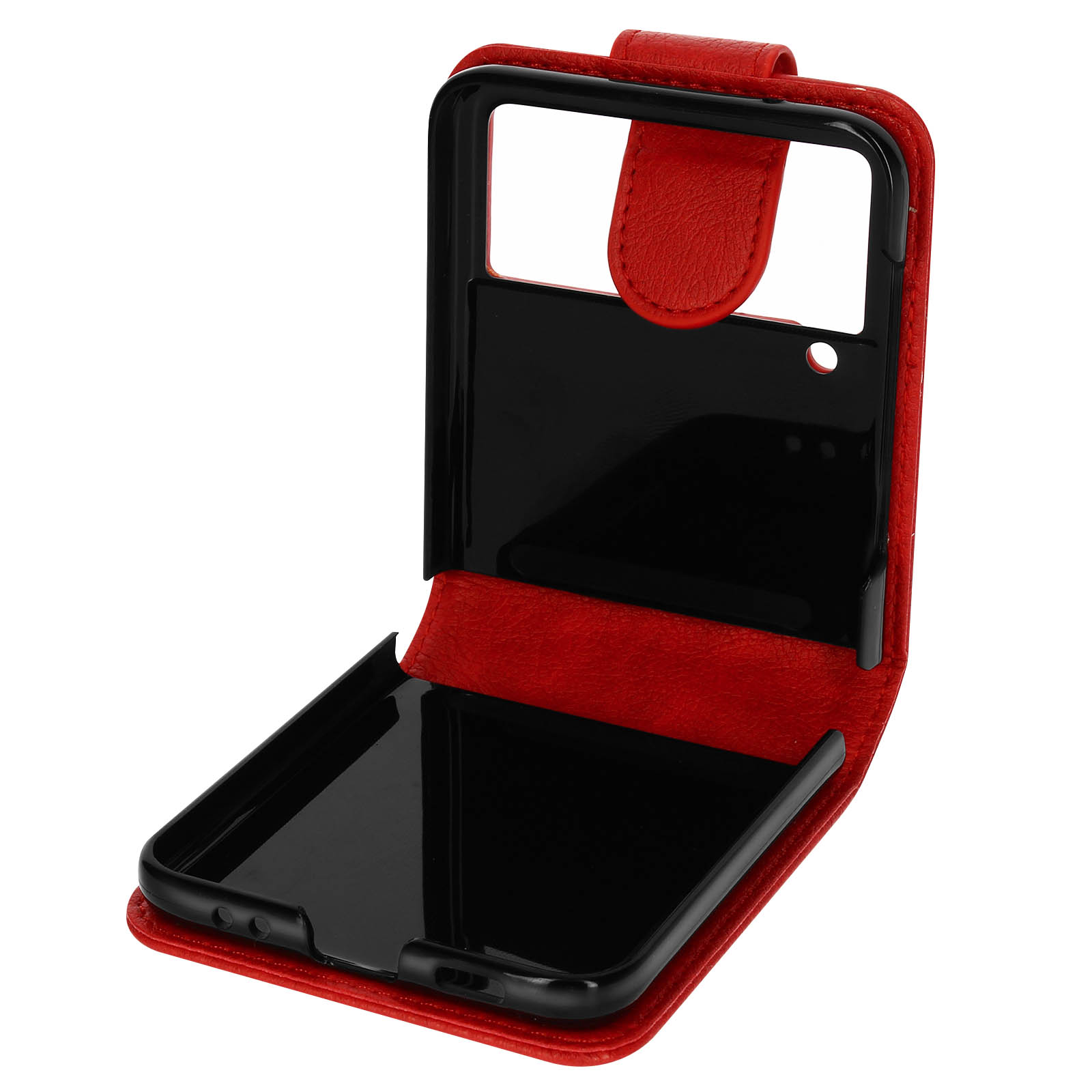 Rode leren telefoonhoes, open. Zwart interieur zichtbaar.