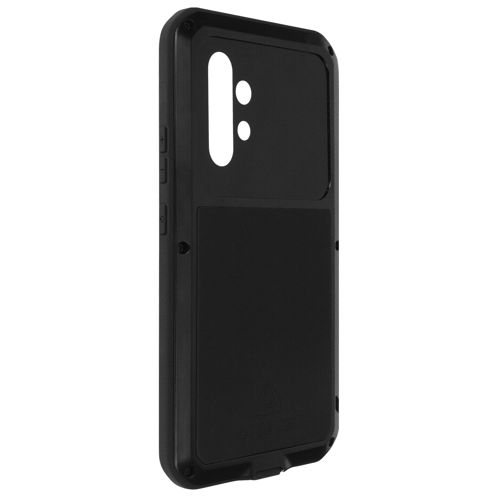 Una custodia nera per telefono con fori per fotocamera e pulsanti, vista di lato.